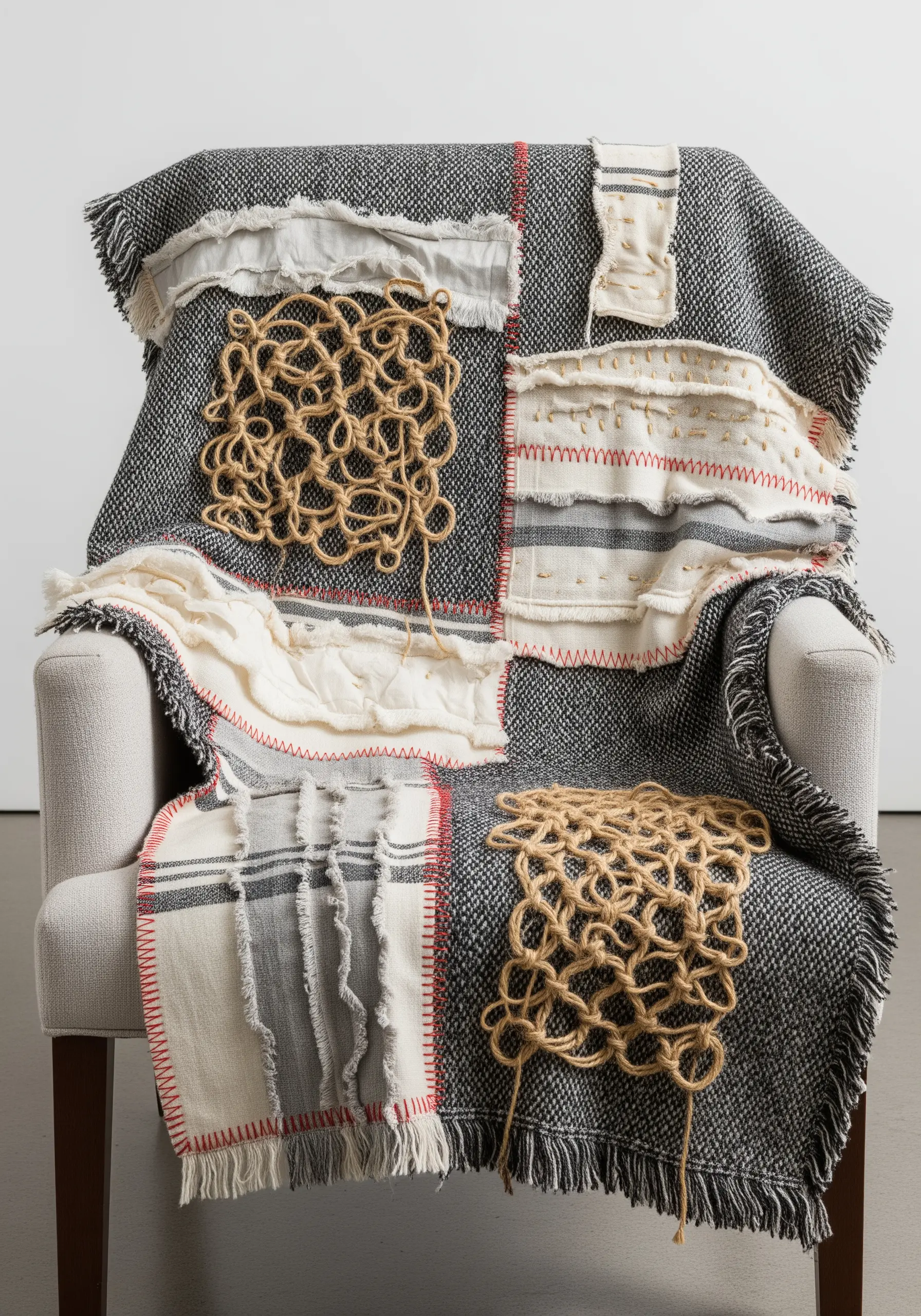 A grey throw blanket embellished with patches of raw fabric and knotted jute netting.