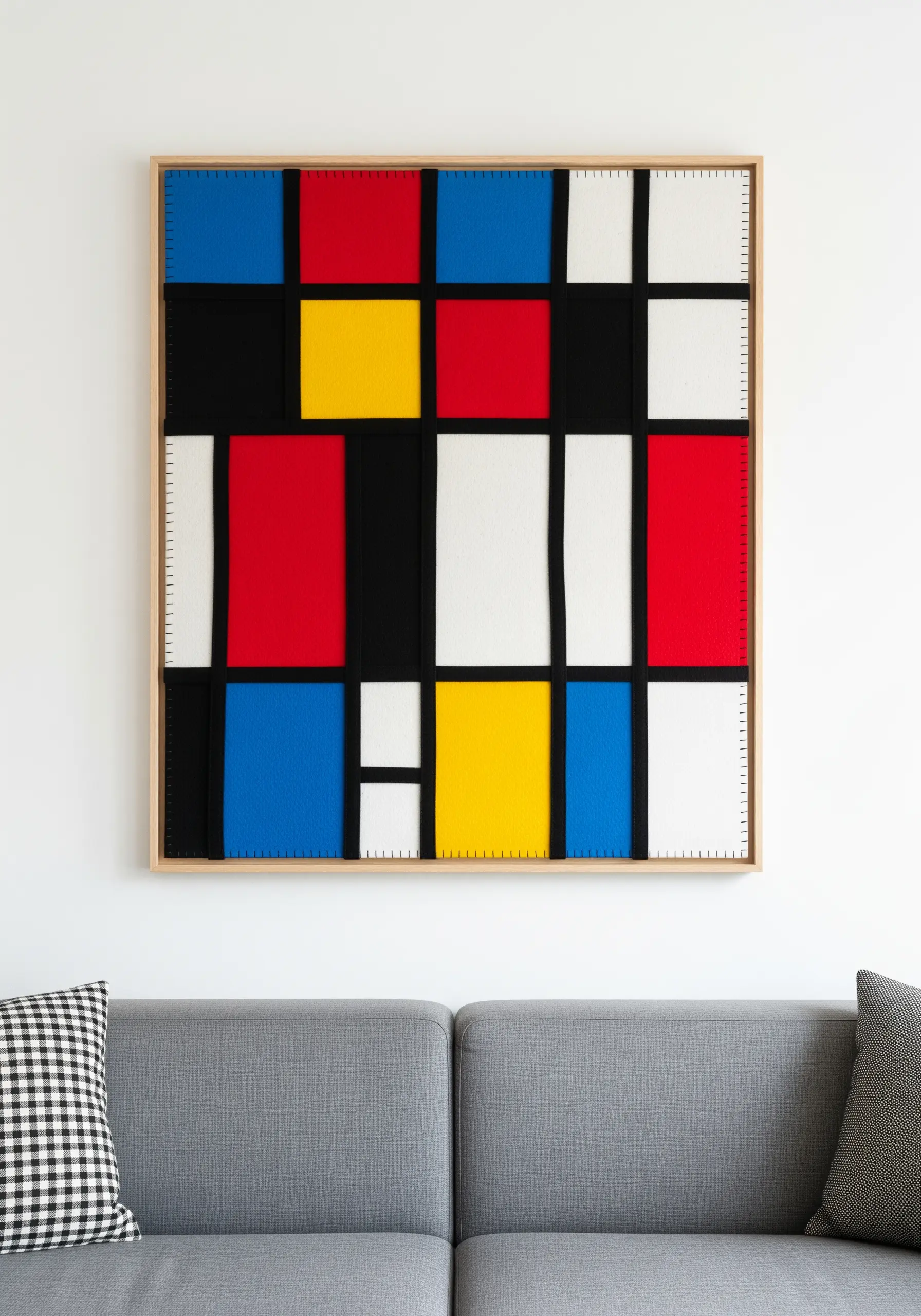 A Mondrian-inspired geometric fabric collage with visible white running stitches along the seams.