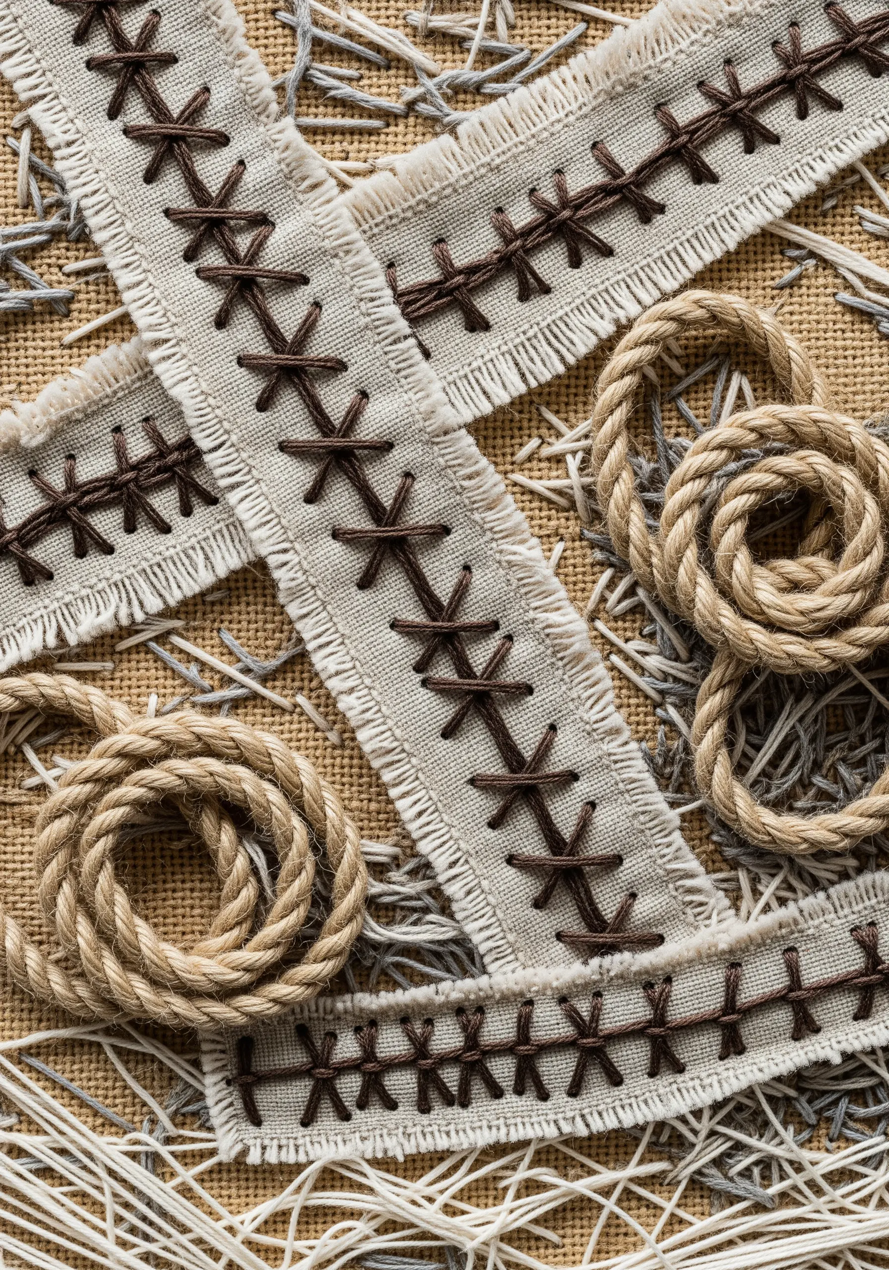 Rustic collage of frayed linen strips on burlap, joined with thick, dark cross-stitches.