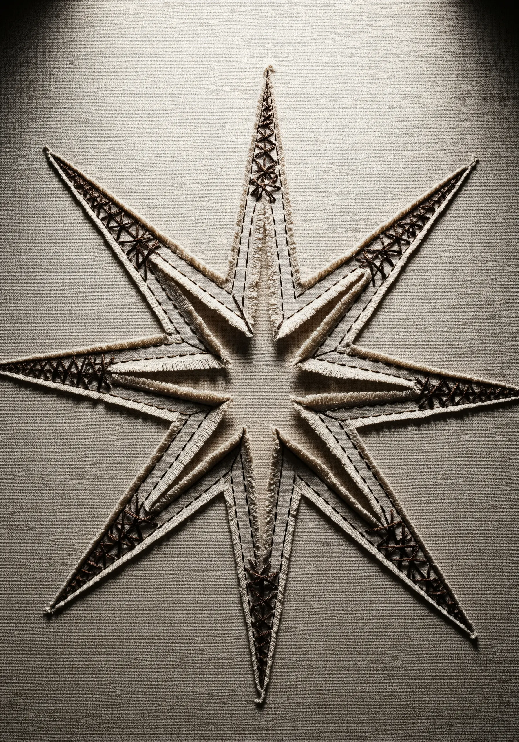A deconstructed star made from frayed fabric strips appliquéd onto a neutral background.