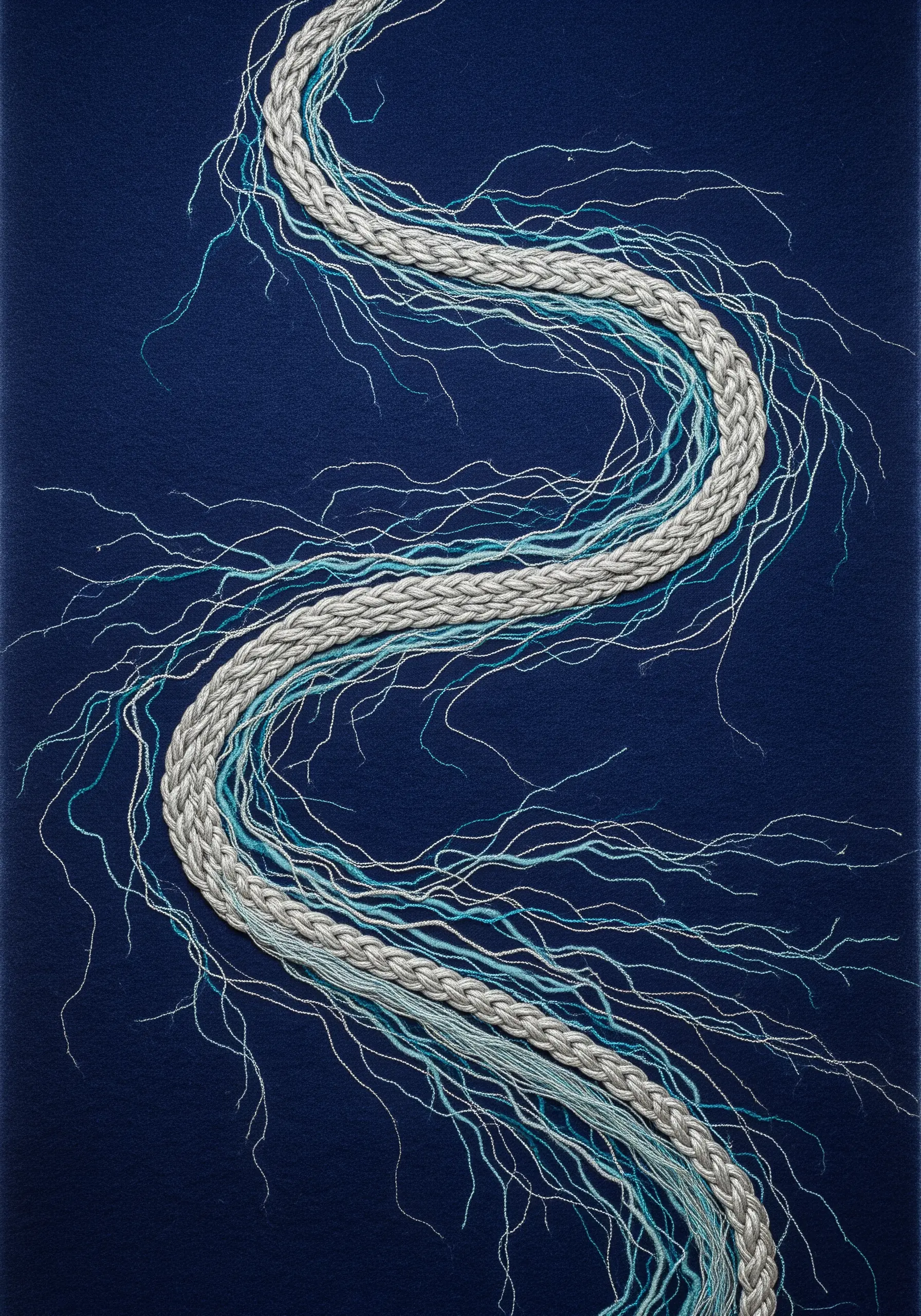 A thick silver braid surrounded by chaotic, fine blue threads on a navy background.