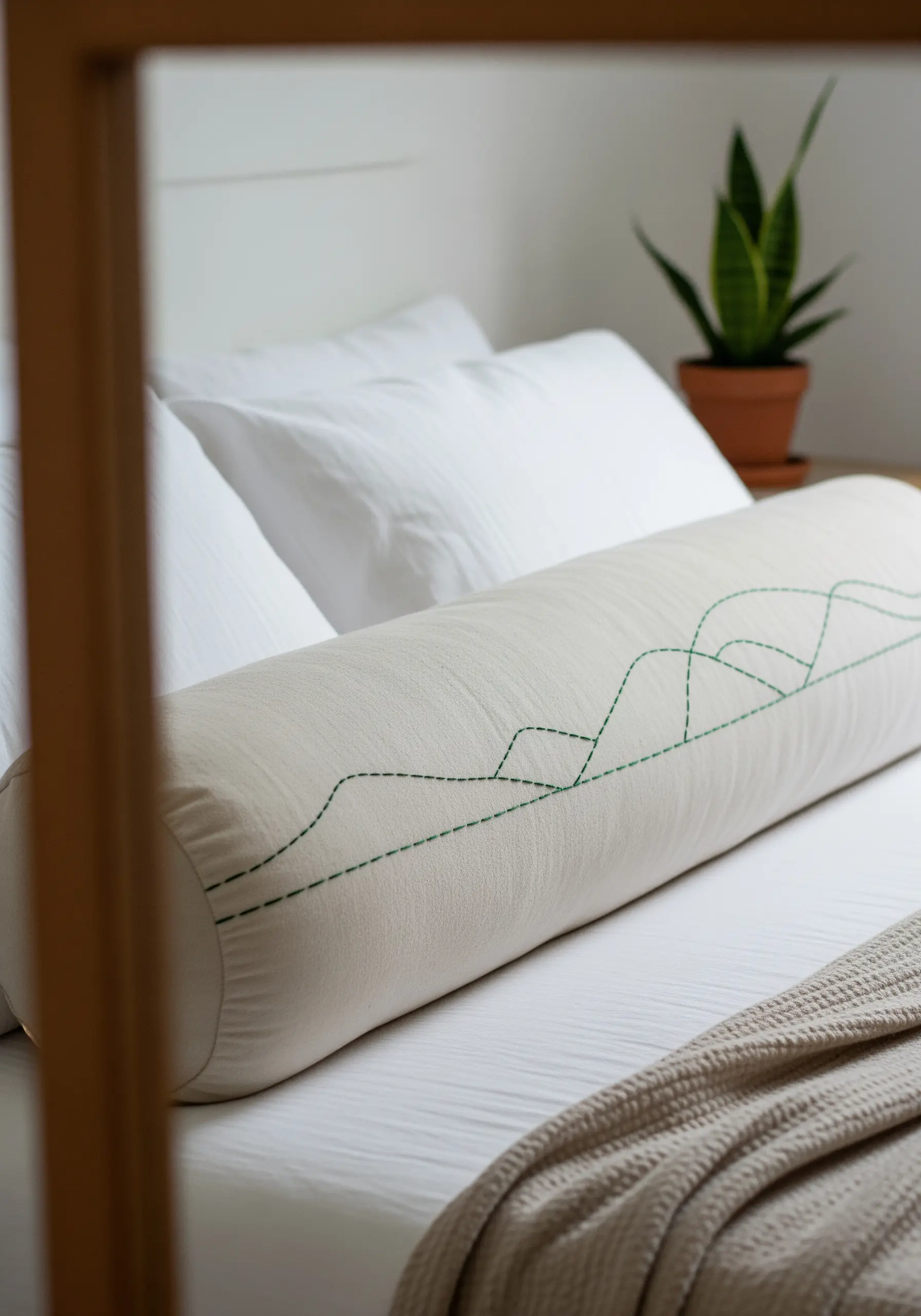 A long, cream-colored bolster pillow with a minimalist mountain range in green running stitch.
