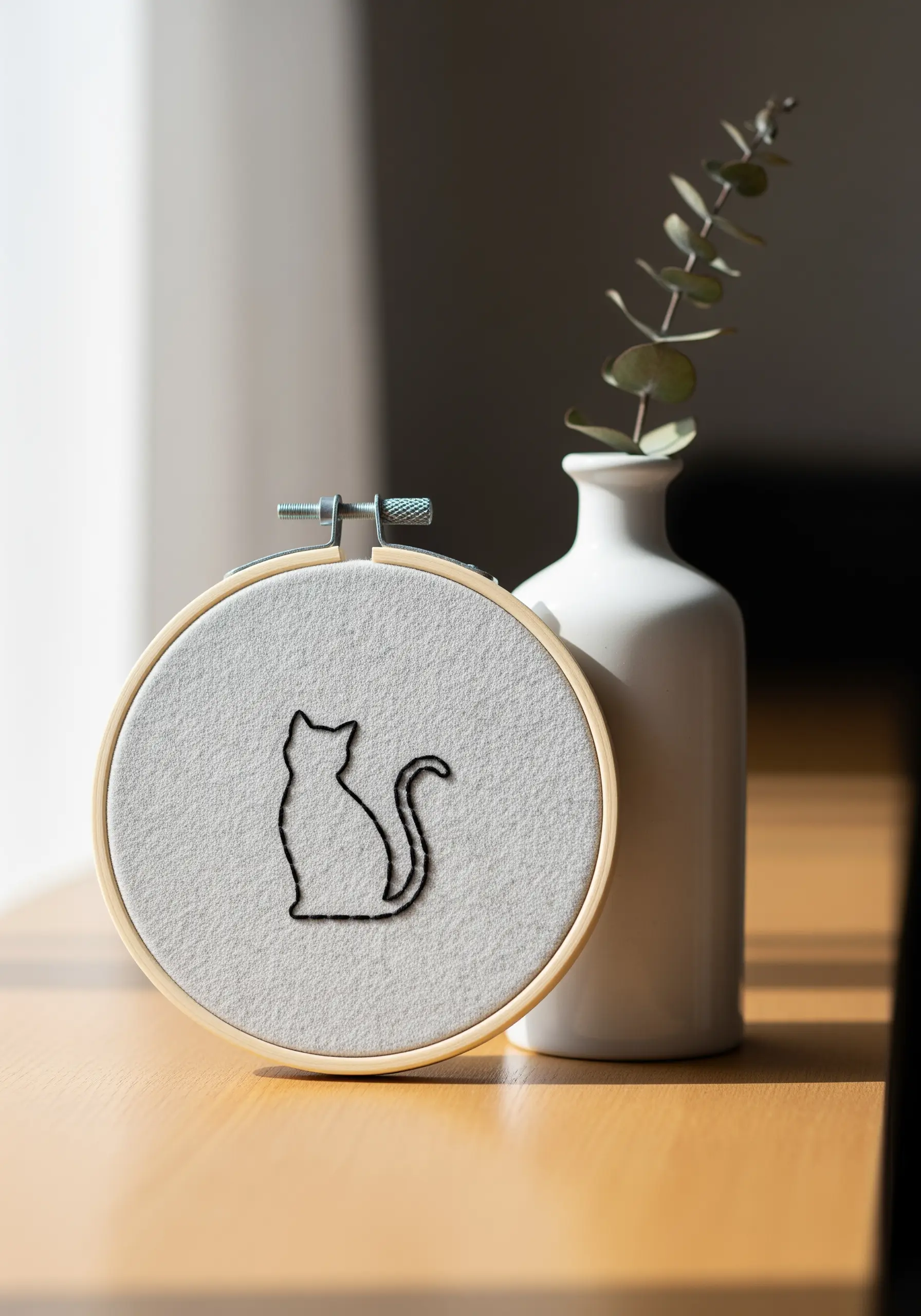 A minimal black cat silhouette outlined with a smooth, solid stitch on gray felt.