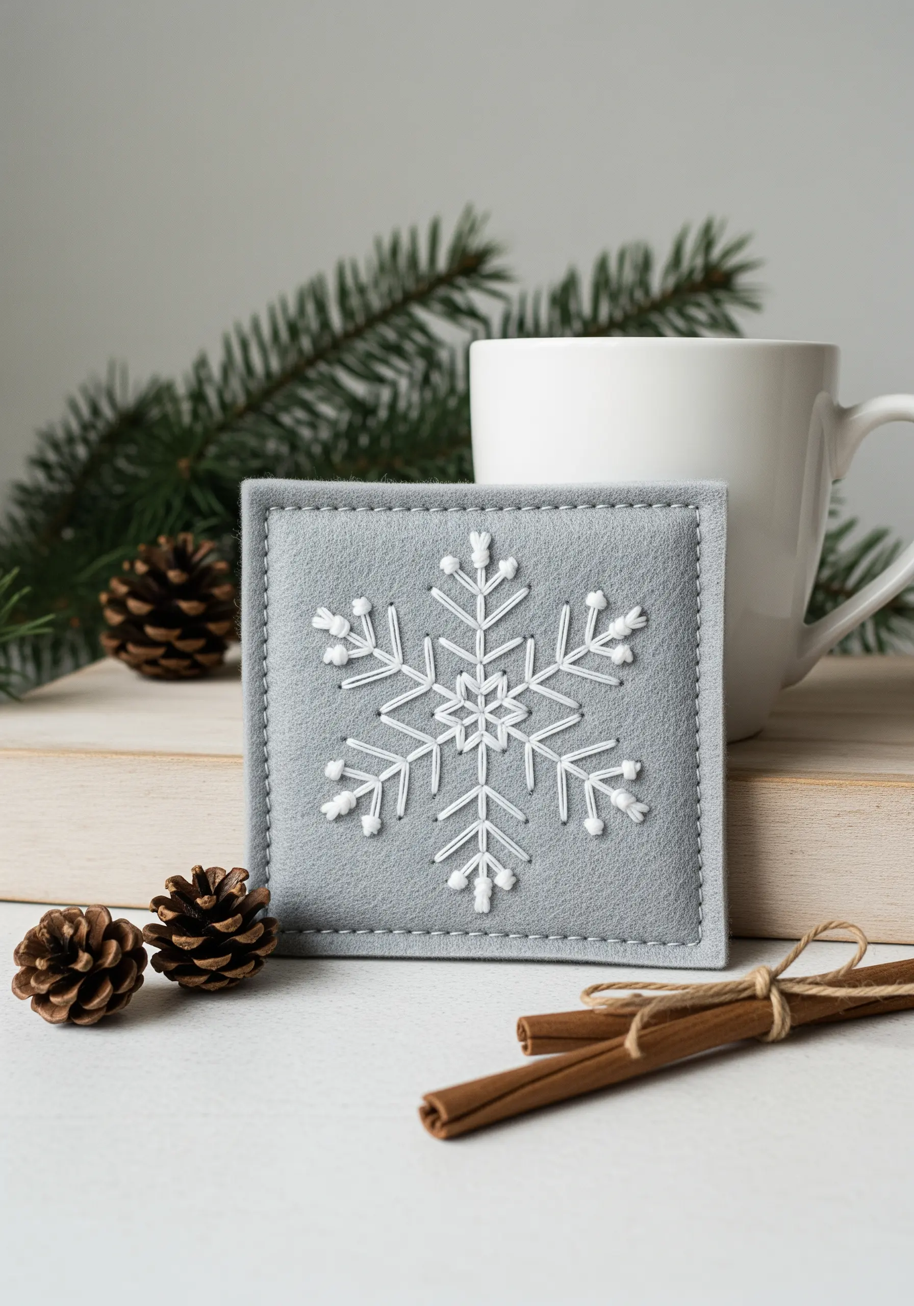 Embroidered white snowflake with French knot details on a grey felt coaster.