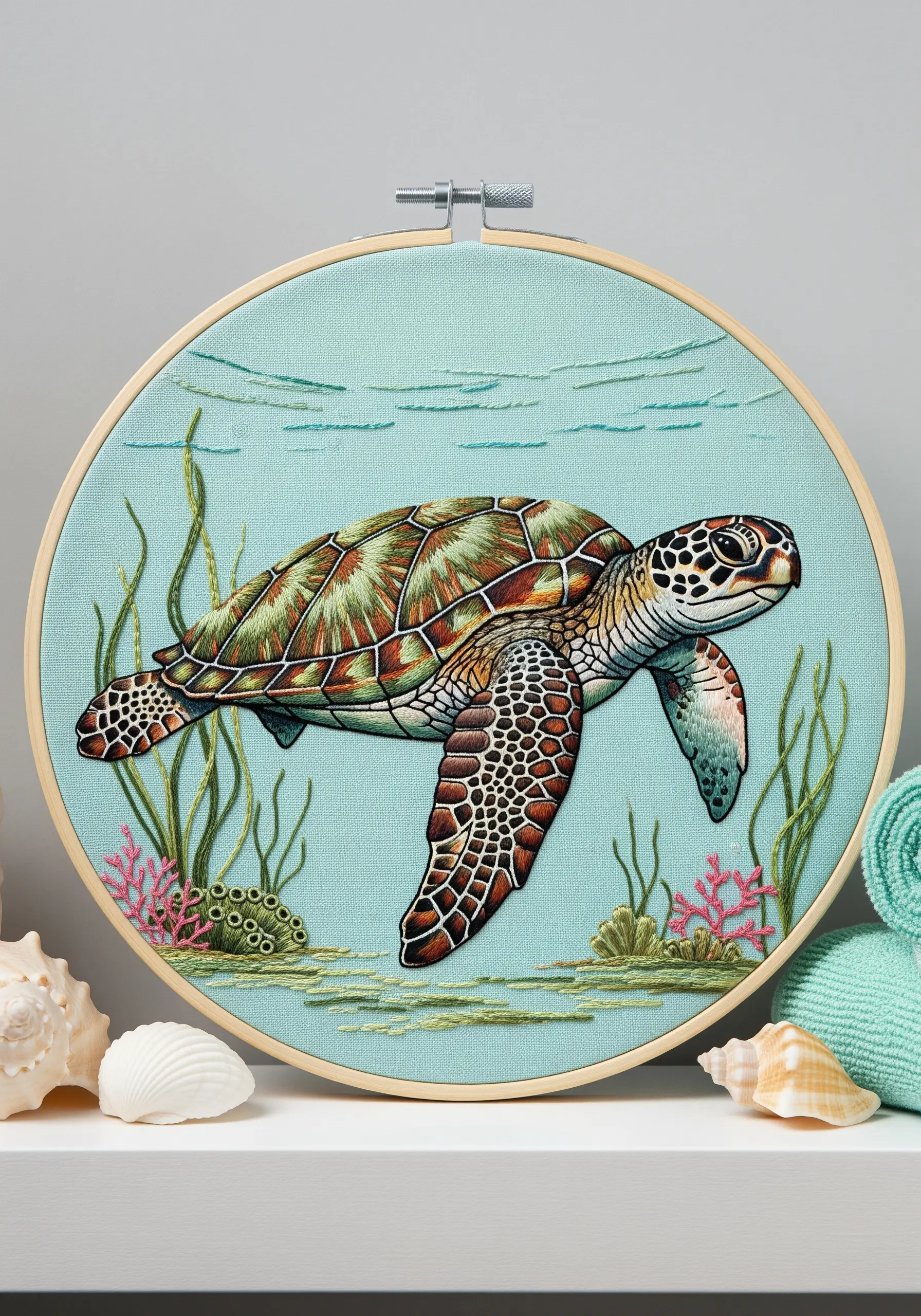A sea turtle embroidery showing a detailed, patterned shell with outlined scutes.