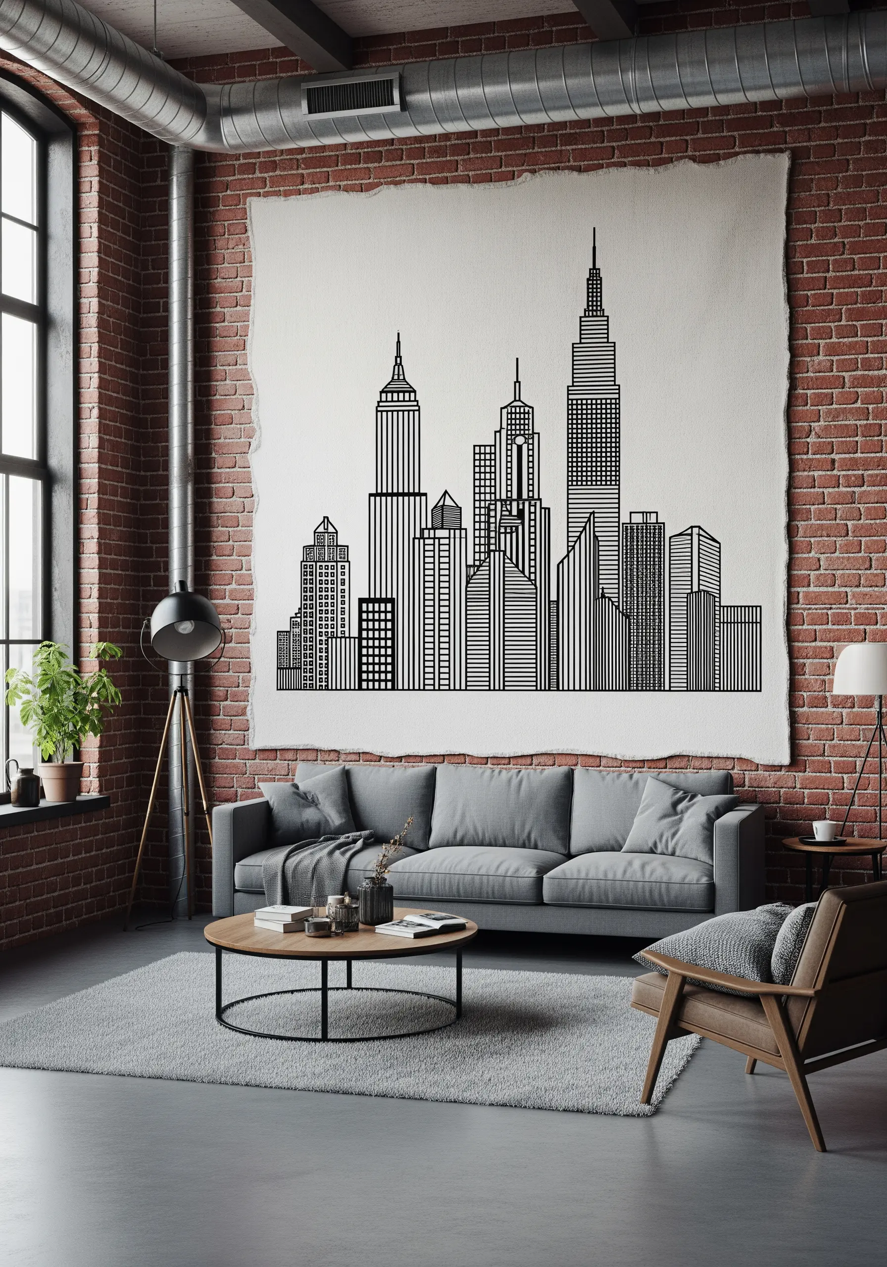 A large-scale blackwork embroidery of a city skyline on a raw-edged canvas.