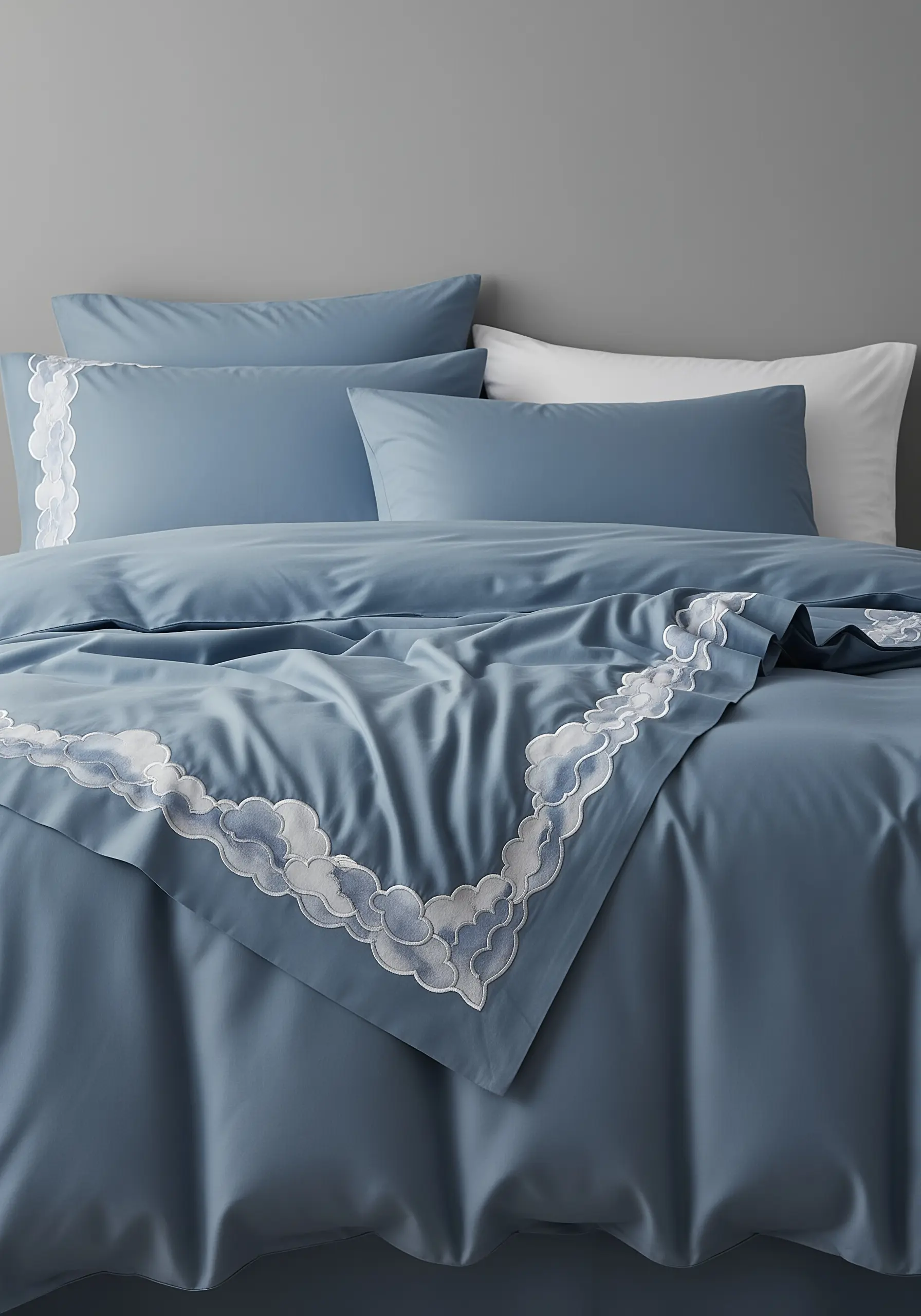 Blue bedding set with a decorative white embroidered cloud border.