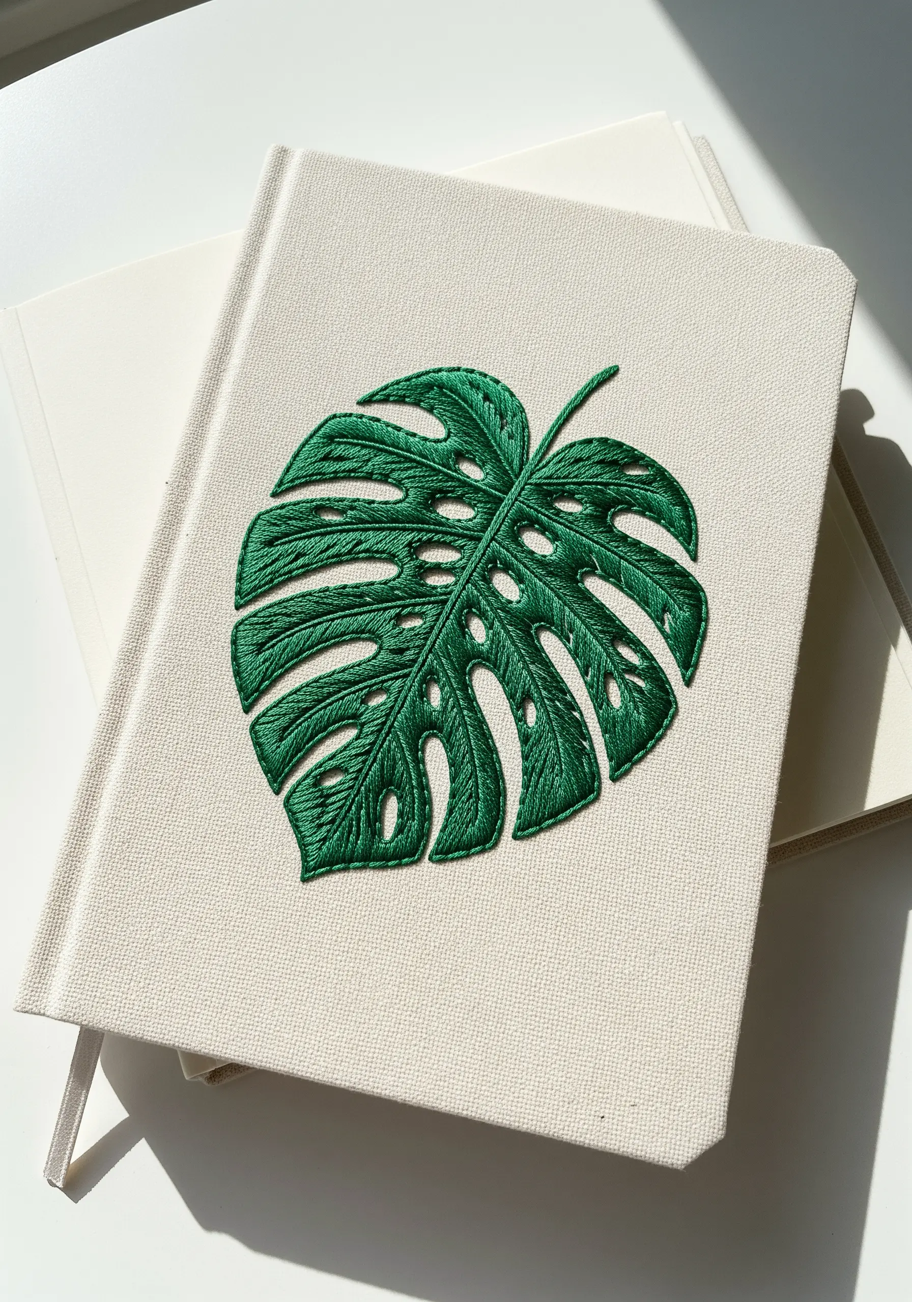 A large, dark green Monstera leaf embroidered on a journal with clean satin stitches.