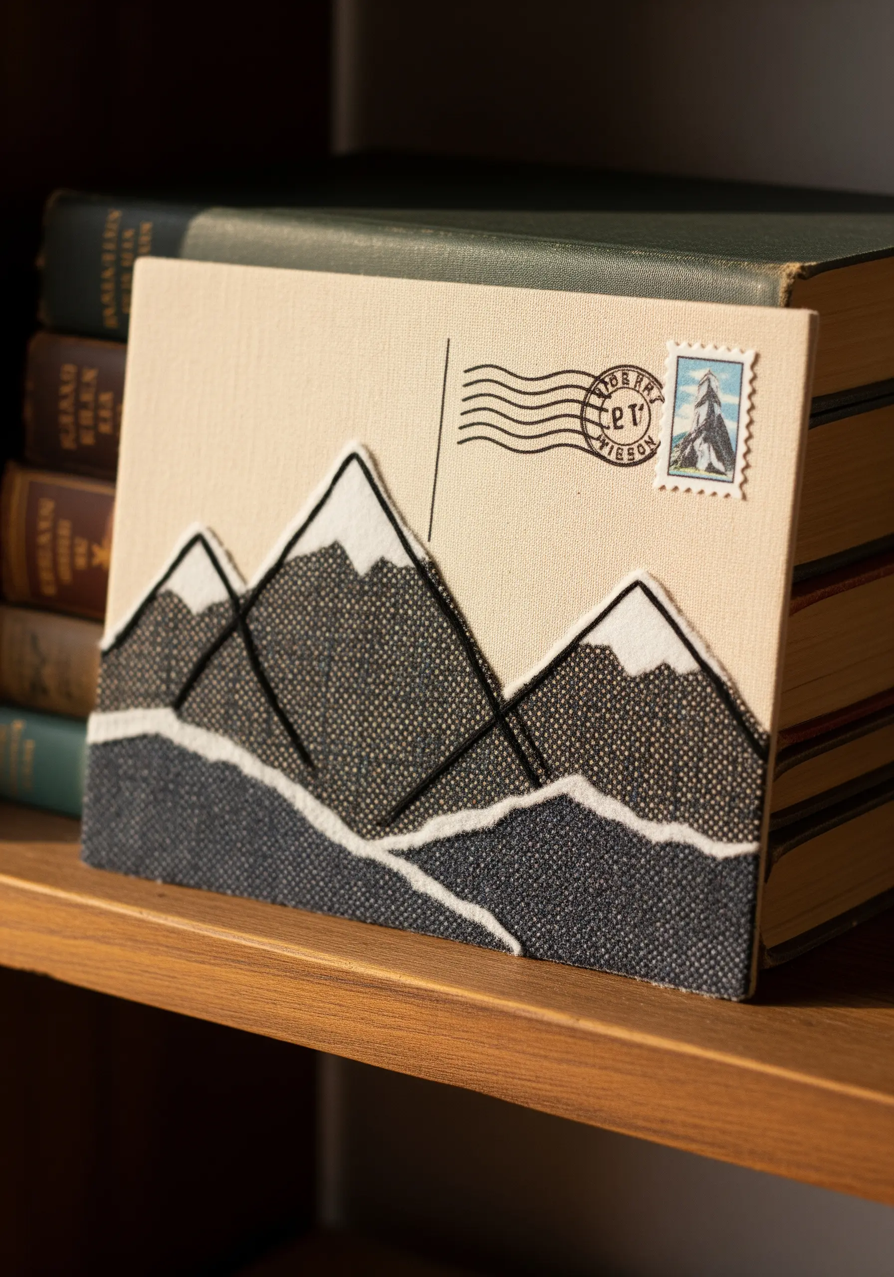 Fabric collage of mountains on a canvas postcard, defined by black embroidered lines.