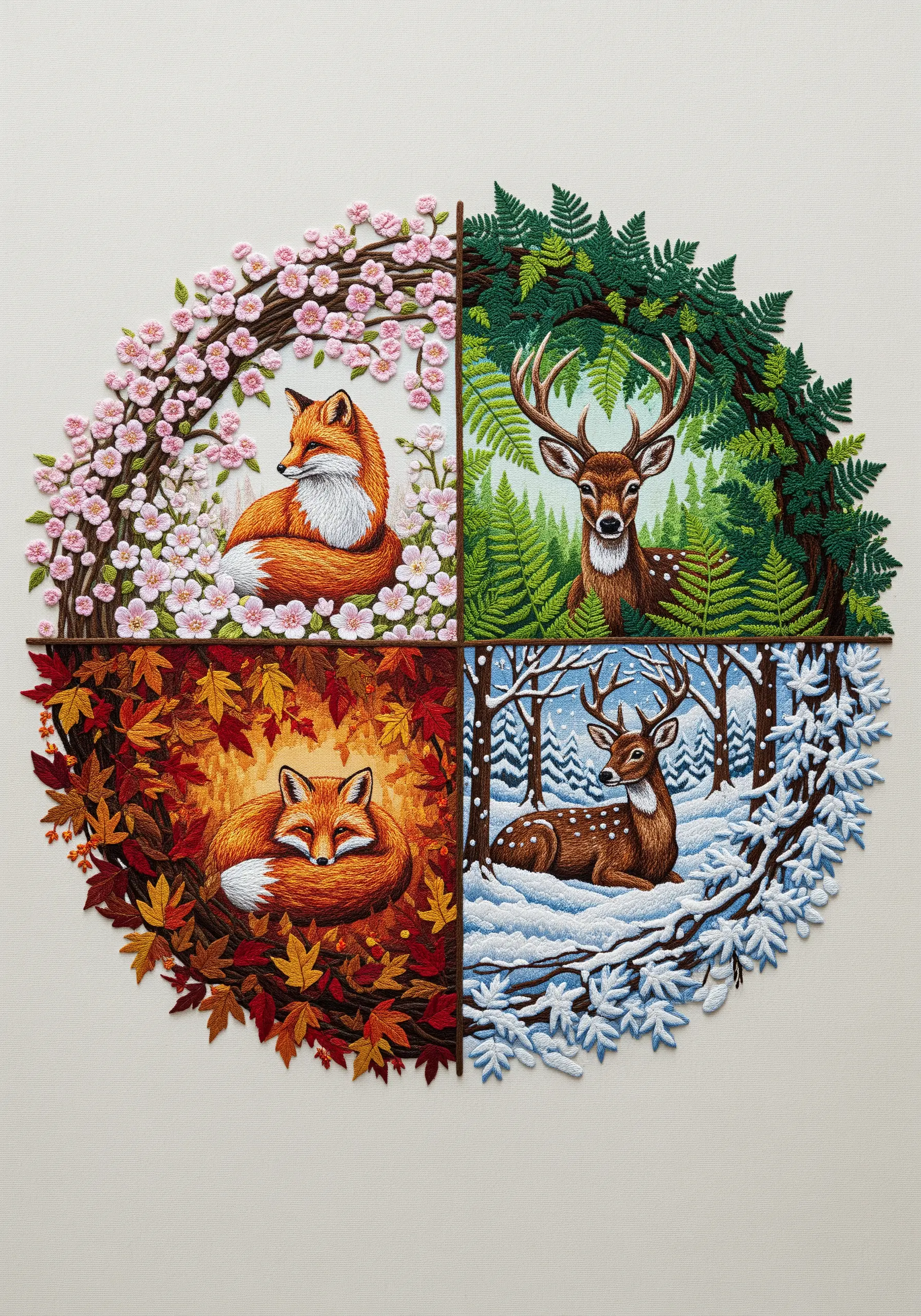 A circular embroidery divided into four seasons, each with a fox or deer motif