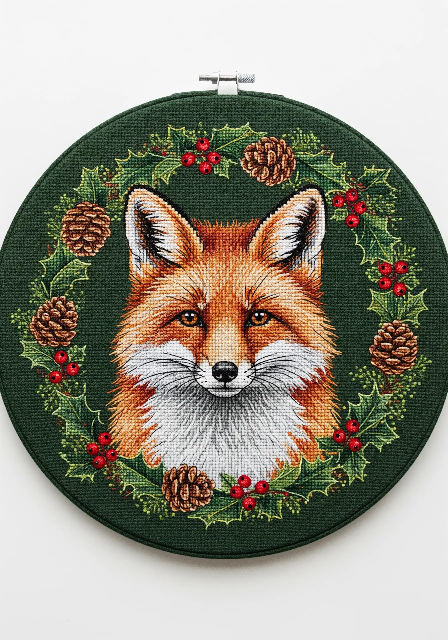 Cross-stitch portrait of a fox framed by a Christmas wreath