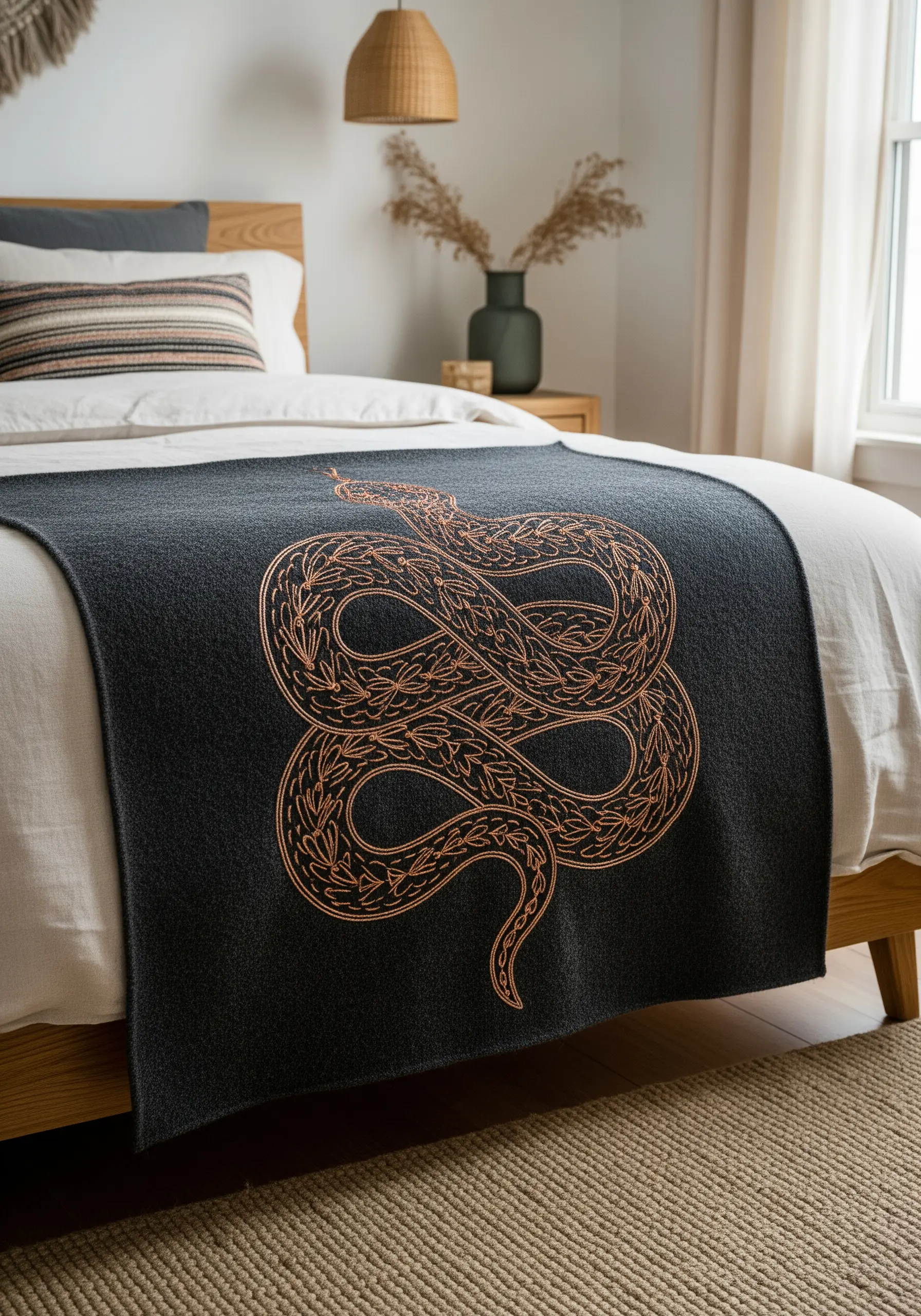 A dark gray bed runner featuring a coiled snake embroidered in a bold copper outline stitch.