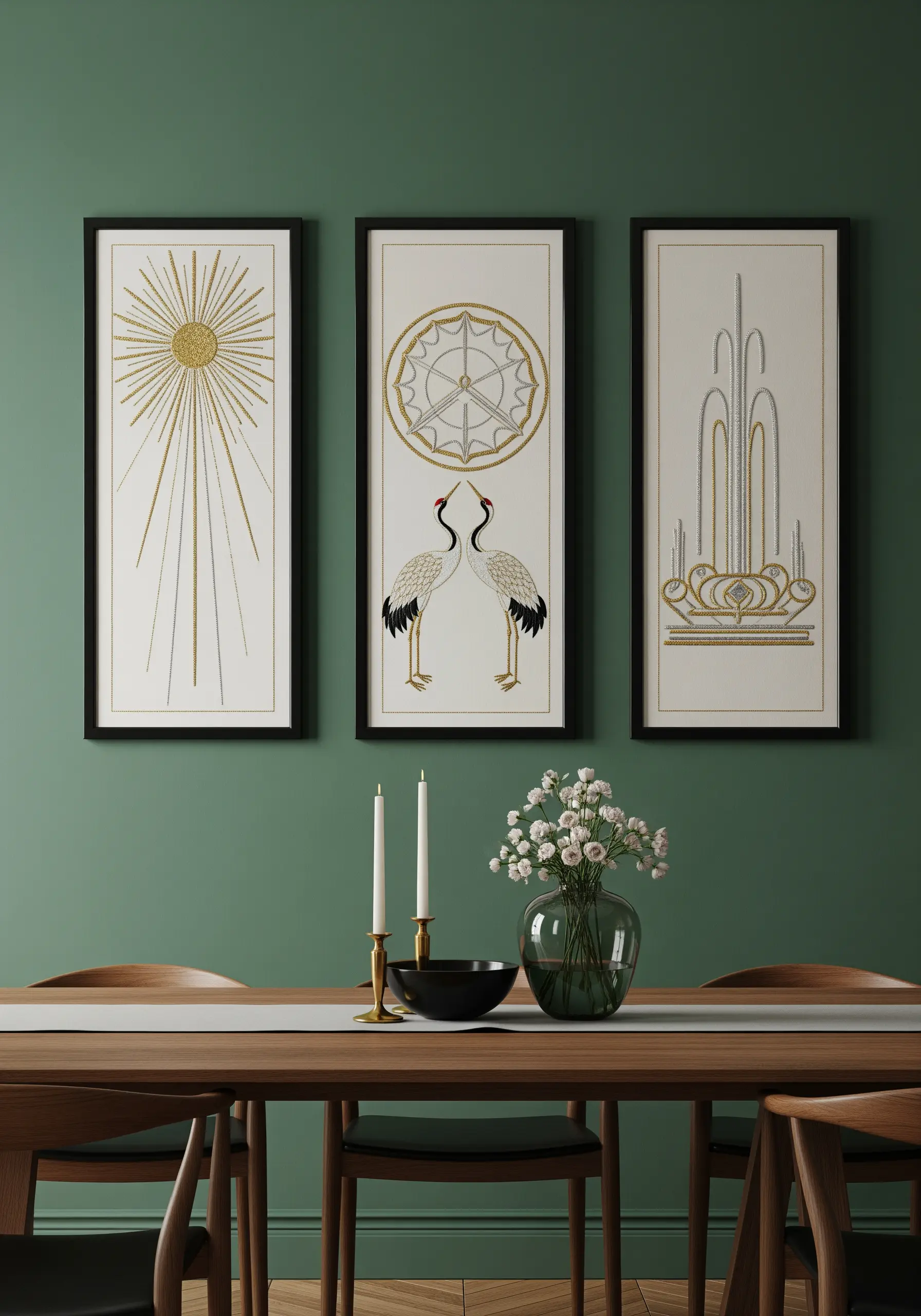 A triptych of Art Deco-inspired designs stitched with gold and silver metallic thread.