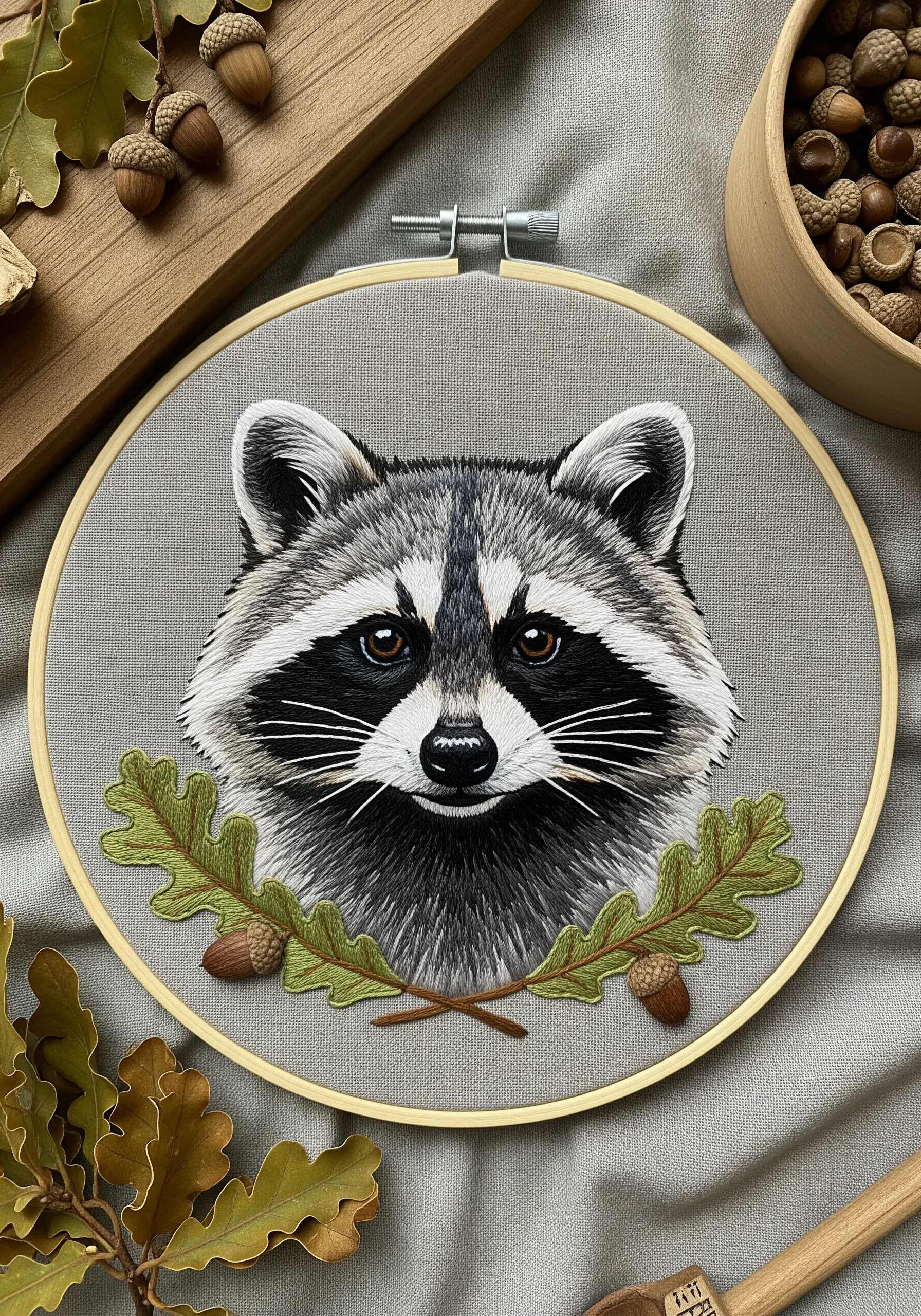 A detailed embroidered raccoon portrait focusing on the sharp black and white facial markings.