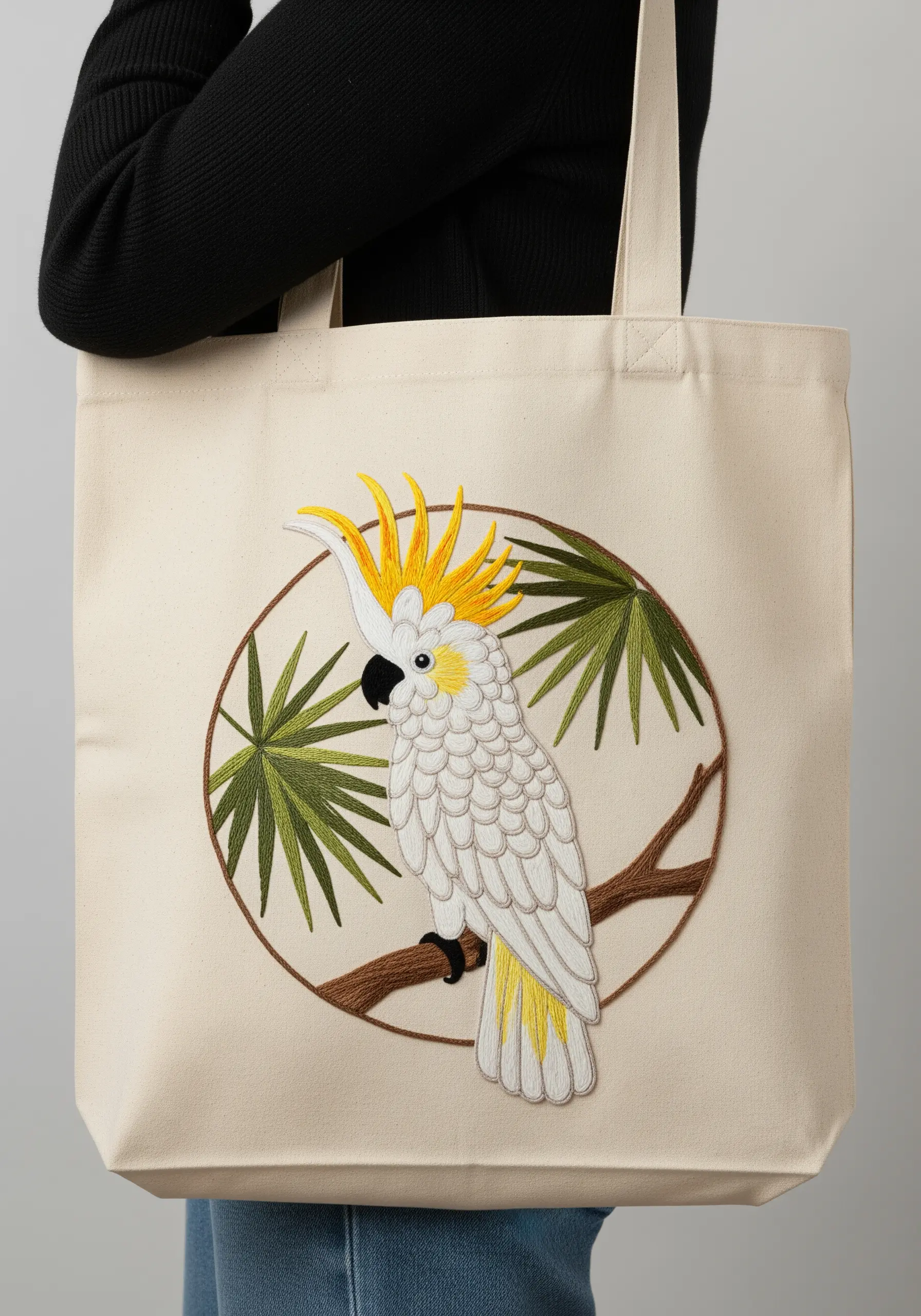 White cockatoo with a yellow crest framed in an embroidered circle with palm leaves.