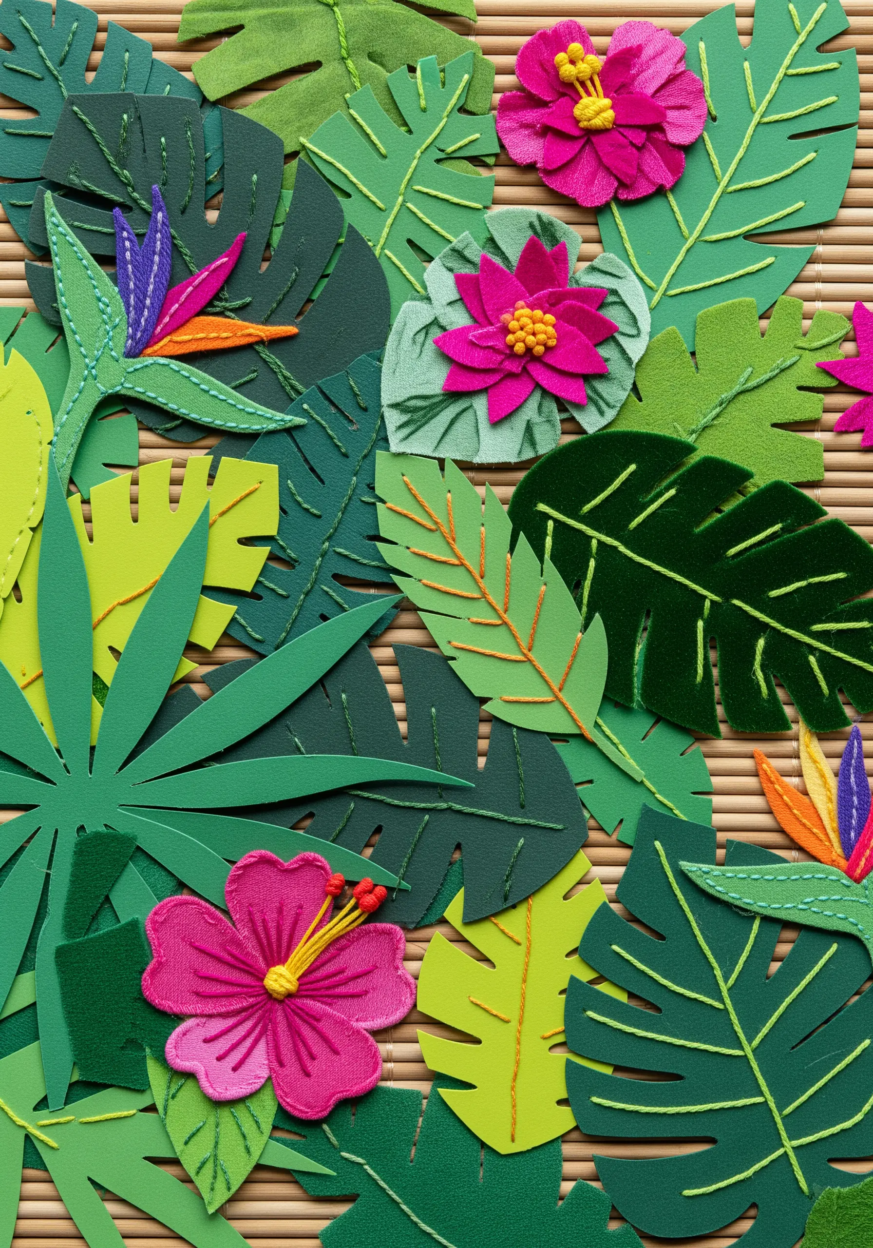 A vibrant collage of green foam tropical leaves and pink flowers with hand-stitched details.