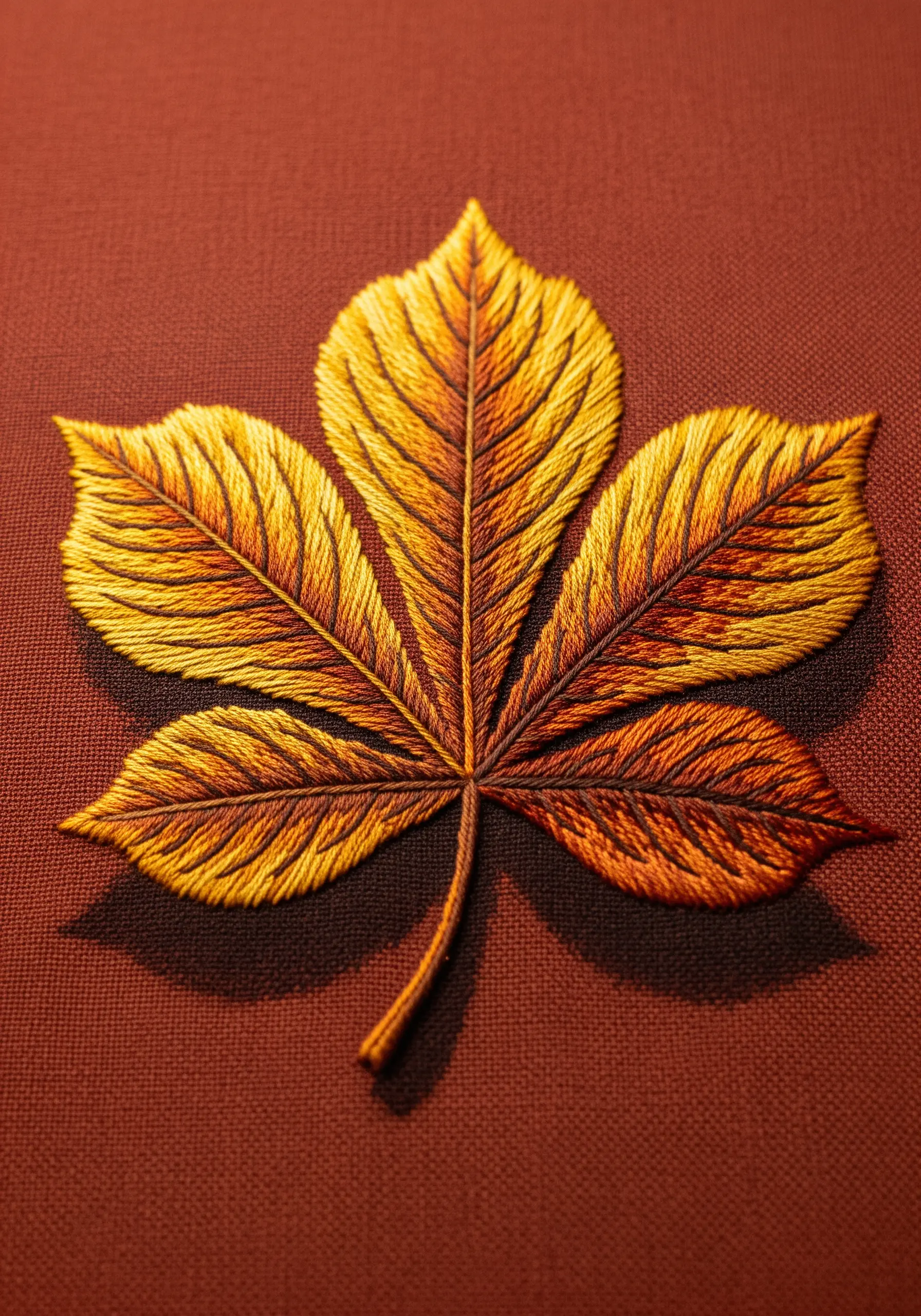 An autumn chestnut leaf embroidered with detailed thread painting to shade the veins.
