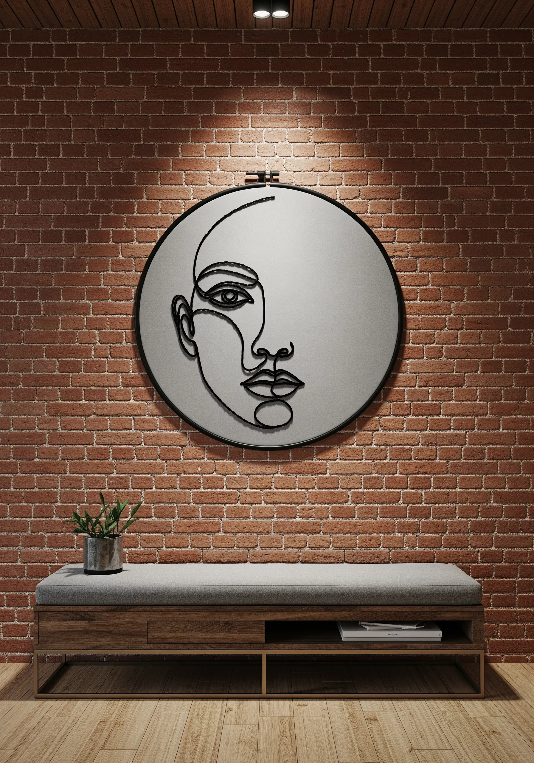 Minimalist line art portrait created with thick black cord couched onto a grey fabric hoop.