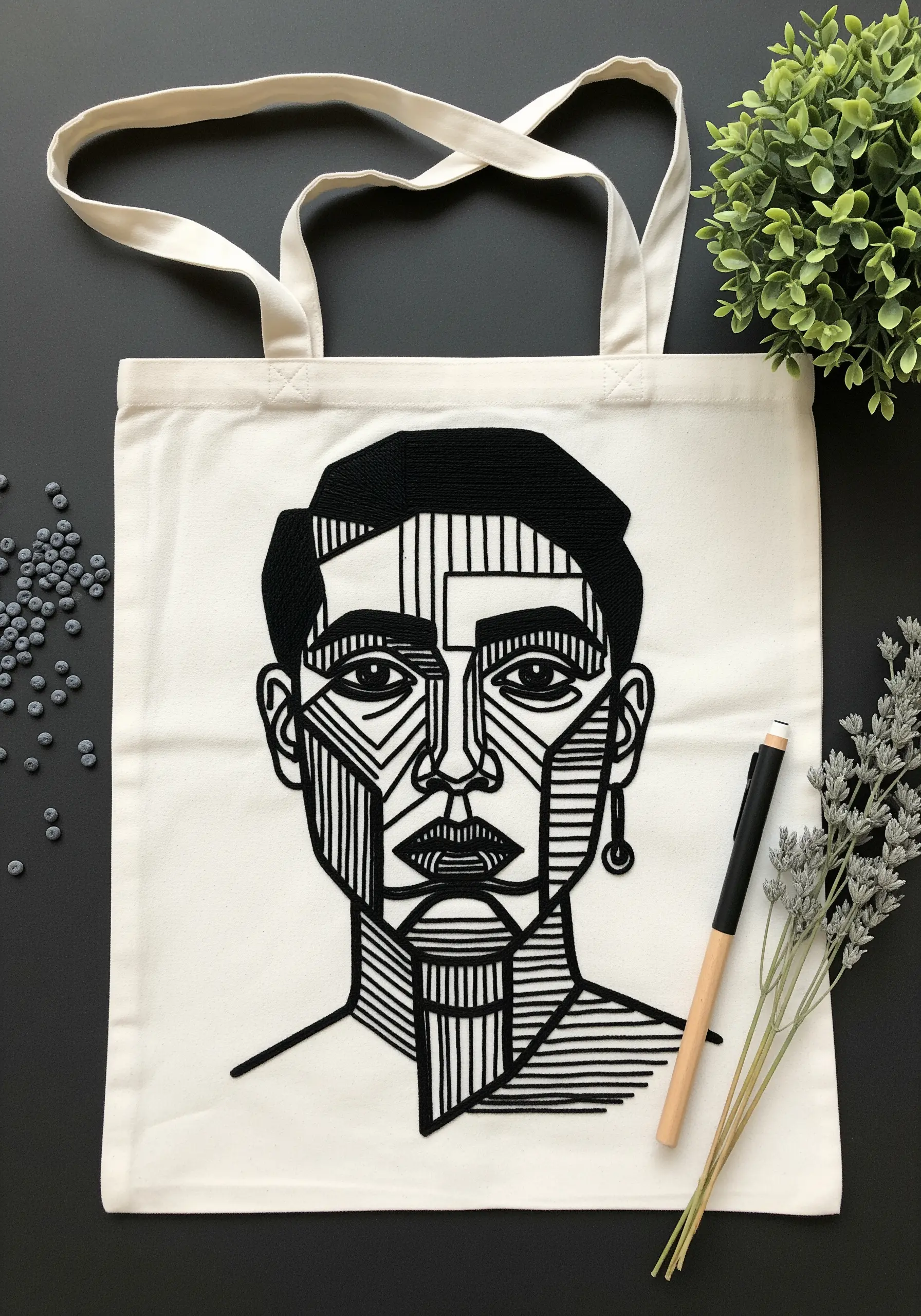 A black-and-white cubist portrait on a tote bag, composed of straight lines.