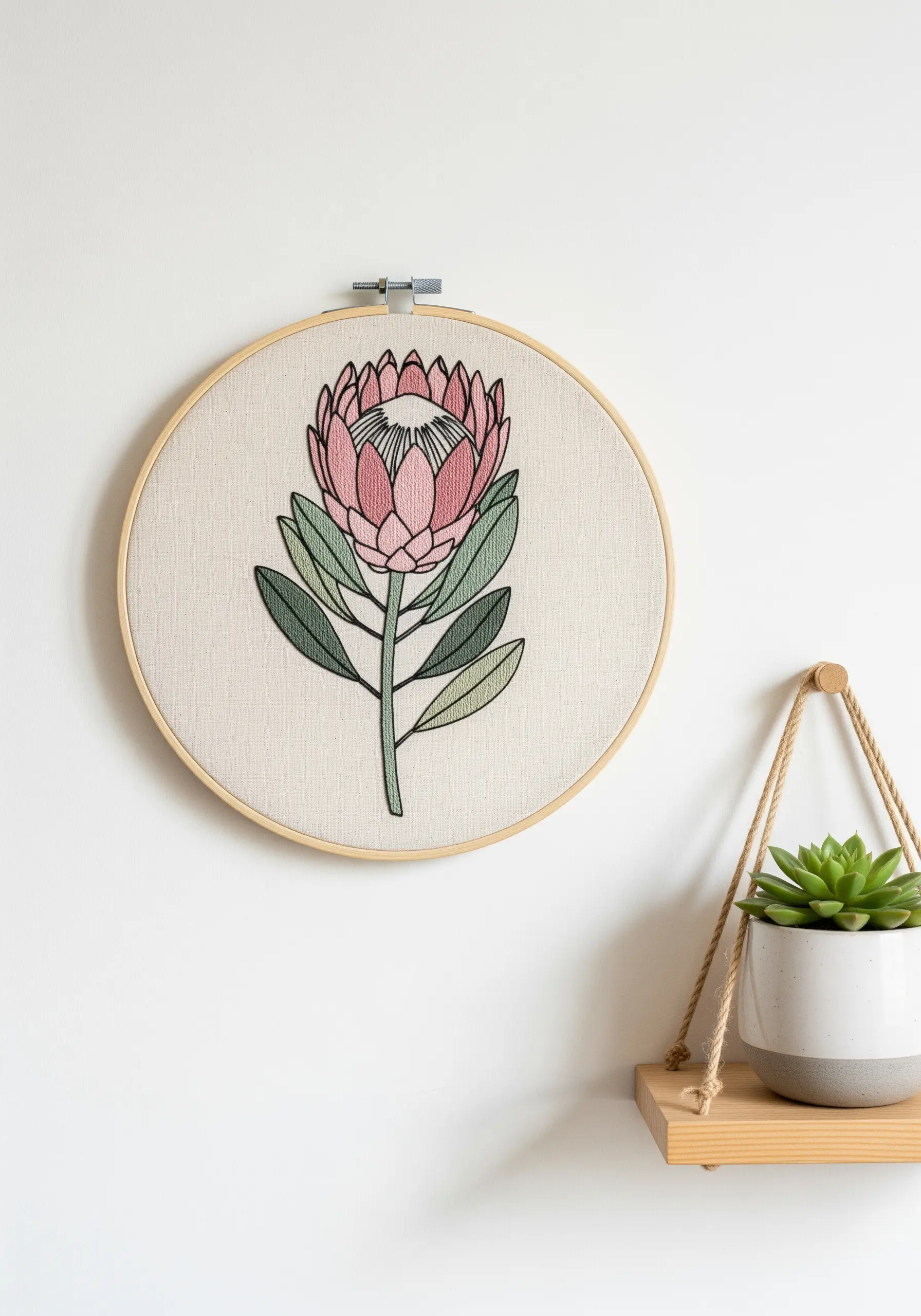 Clean, modern embroidery of a pink protea flower with bold black outlines in a wooden hoop.