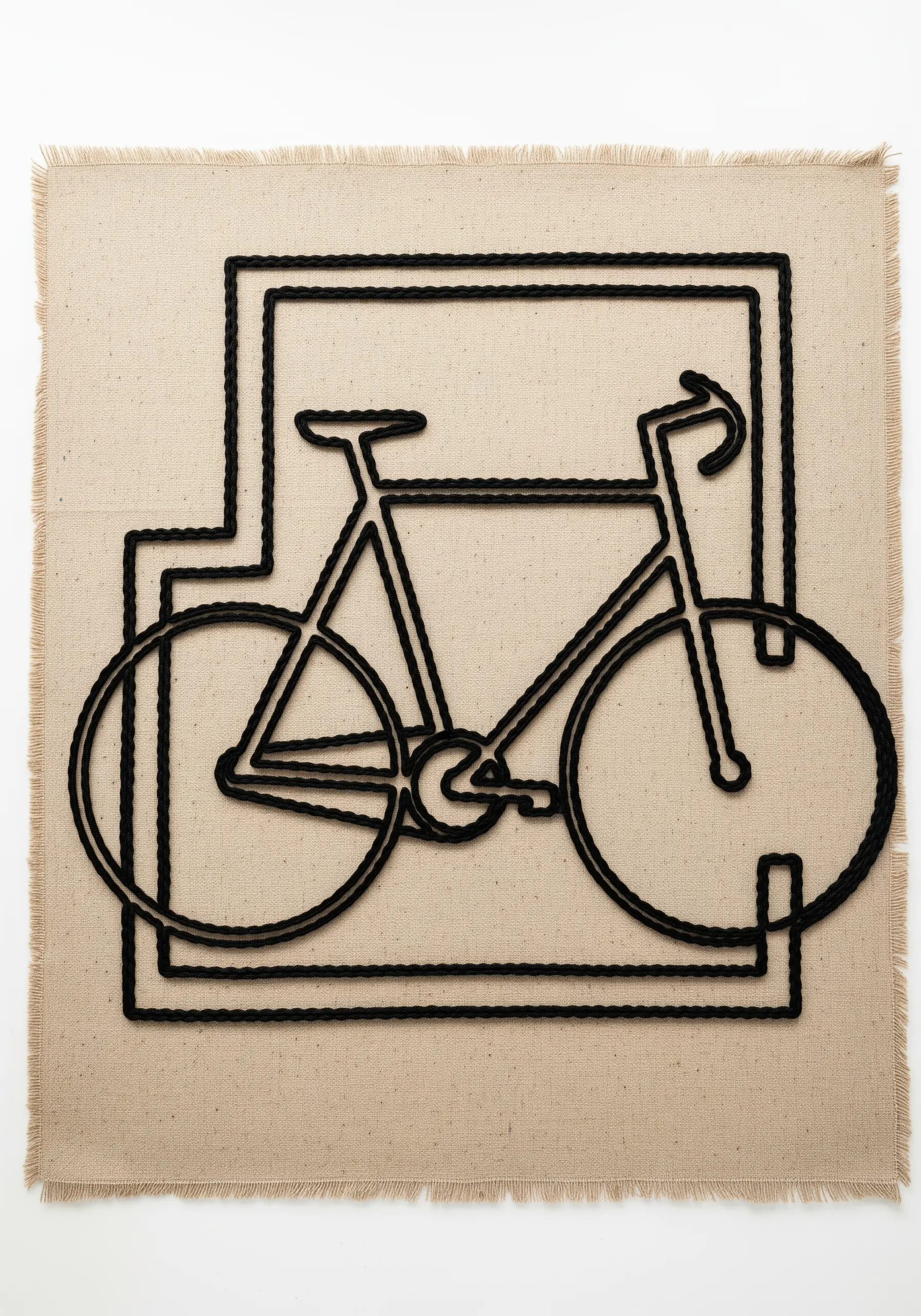 A minimalist bicycle outline created with black cord couched onto burlap fabric.