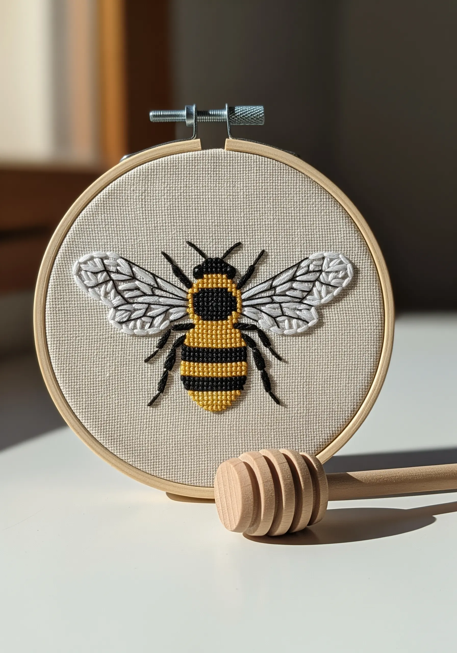 Detailed embroidery of a bee with satin stitch body and fine line work wings.