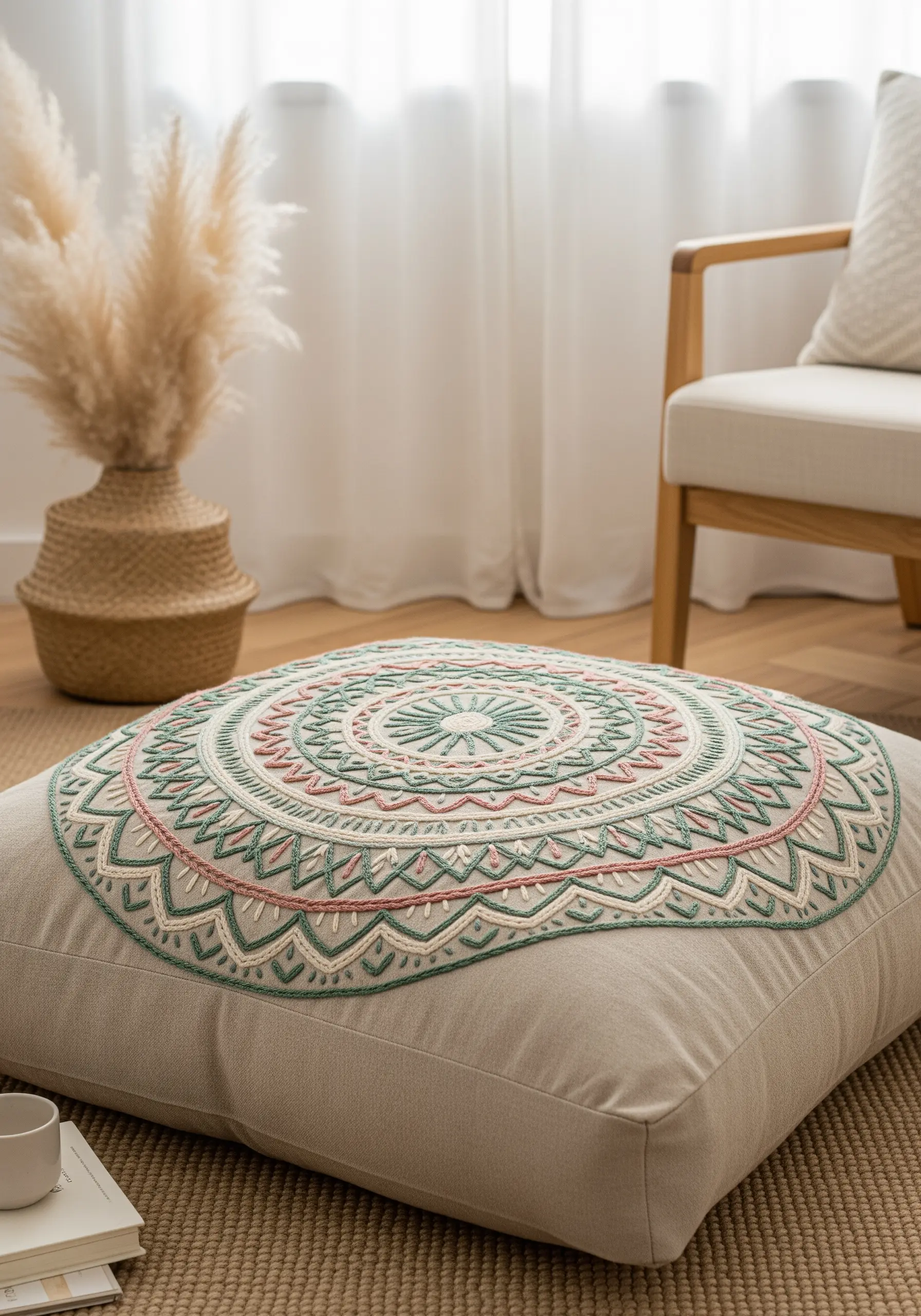 A large square floor cushion with an embroidered mandala in pastel colors.