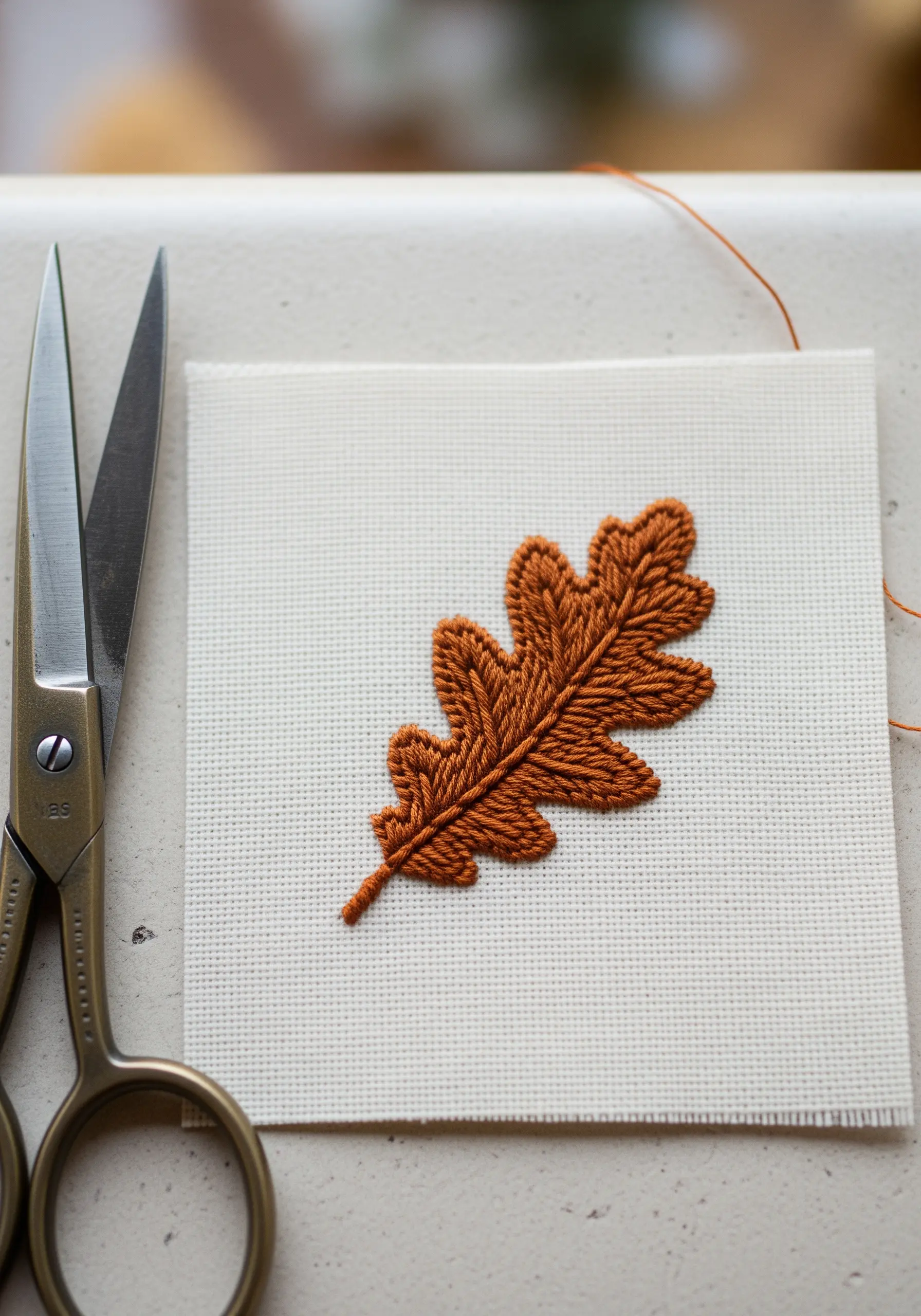 A rust-colored oak leaf embroidered with fishbone stitch to create natural veins.