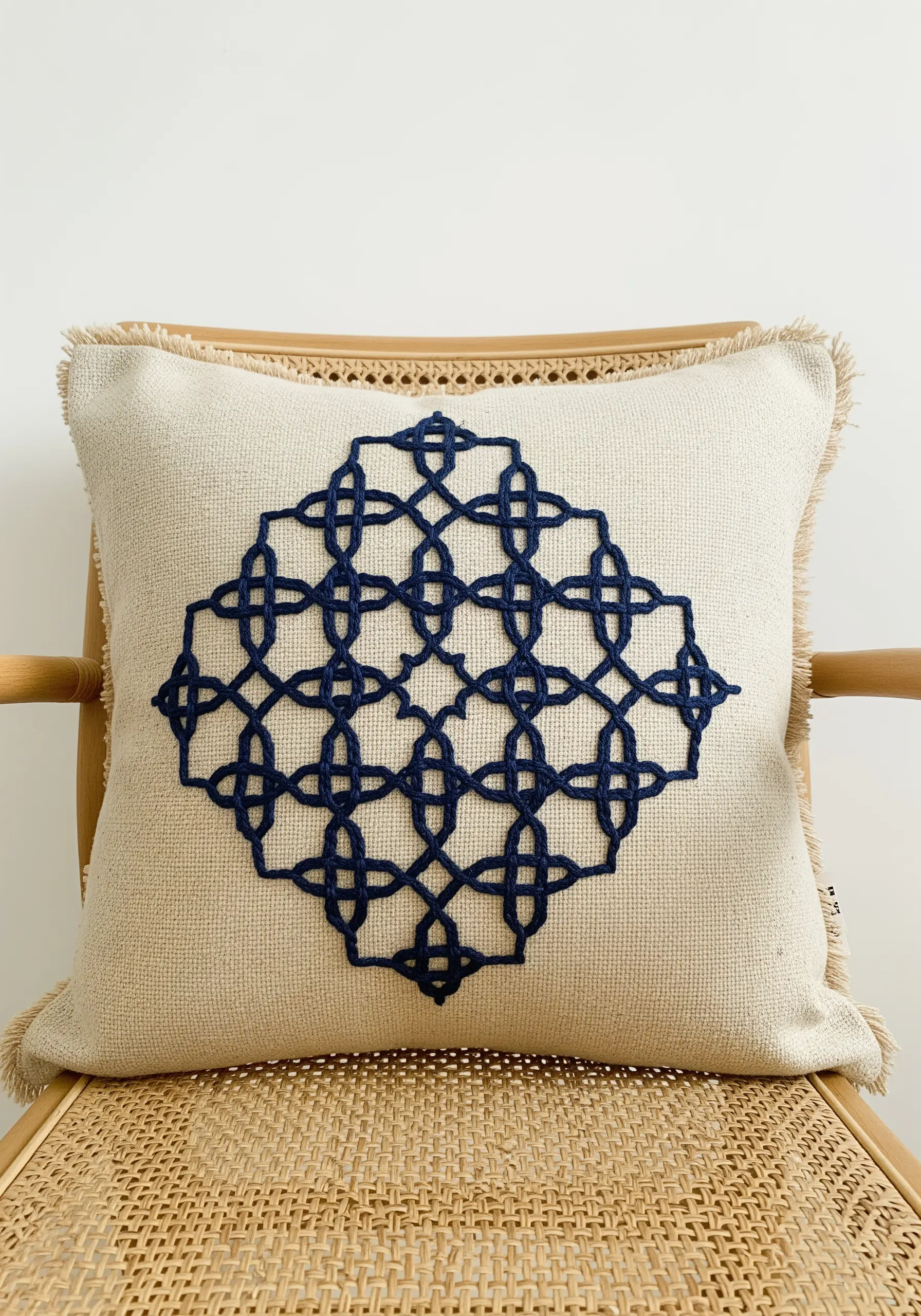 A navy blue Moroccan geometric knot pattern stitched on a cream cushion