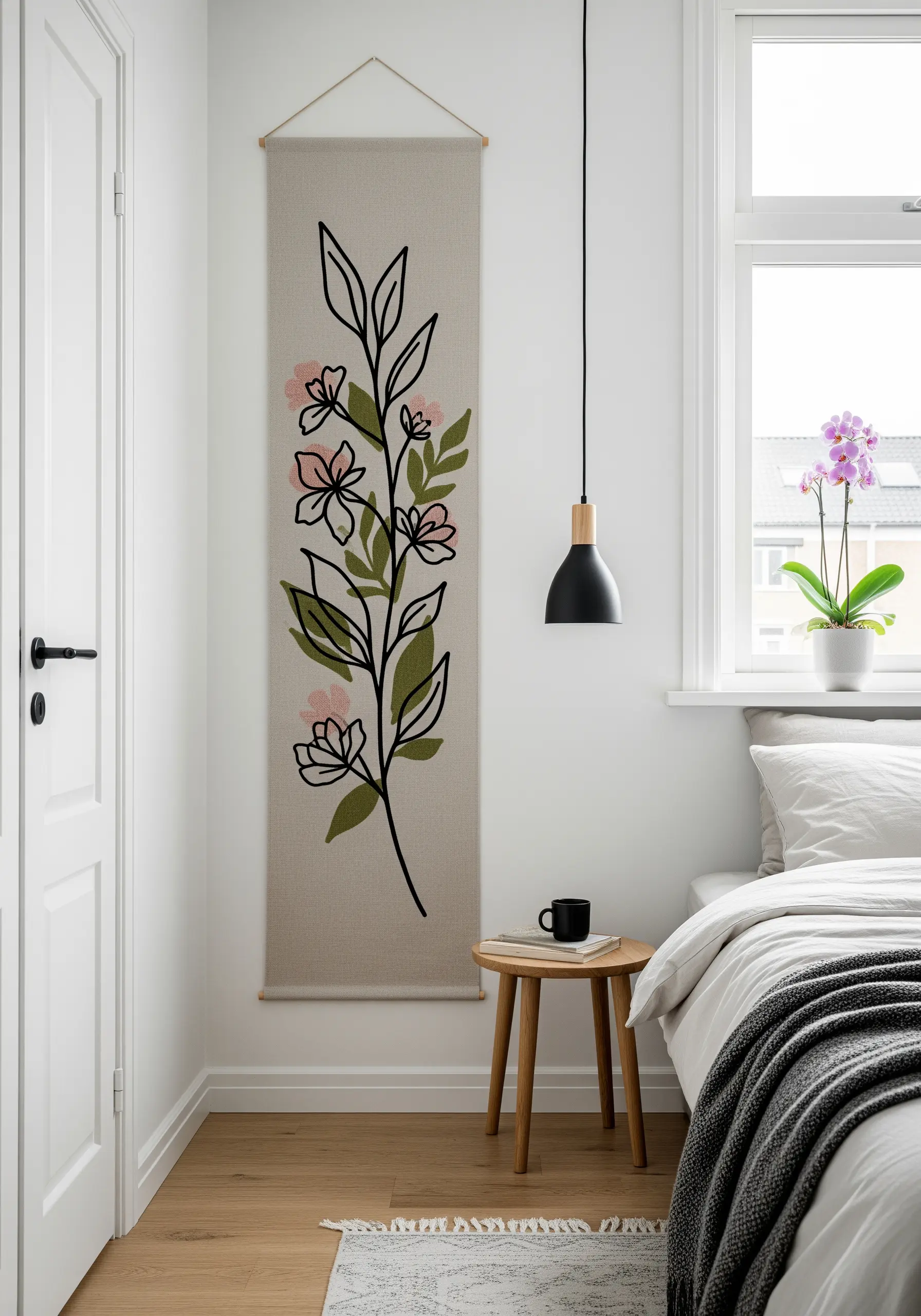 A simple botanical illustration embroidered on a linen wall hanging.