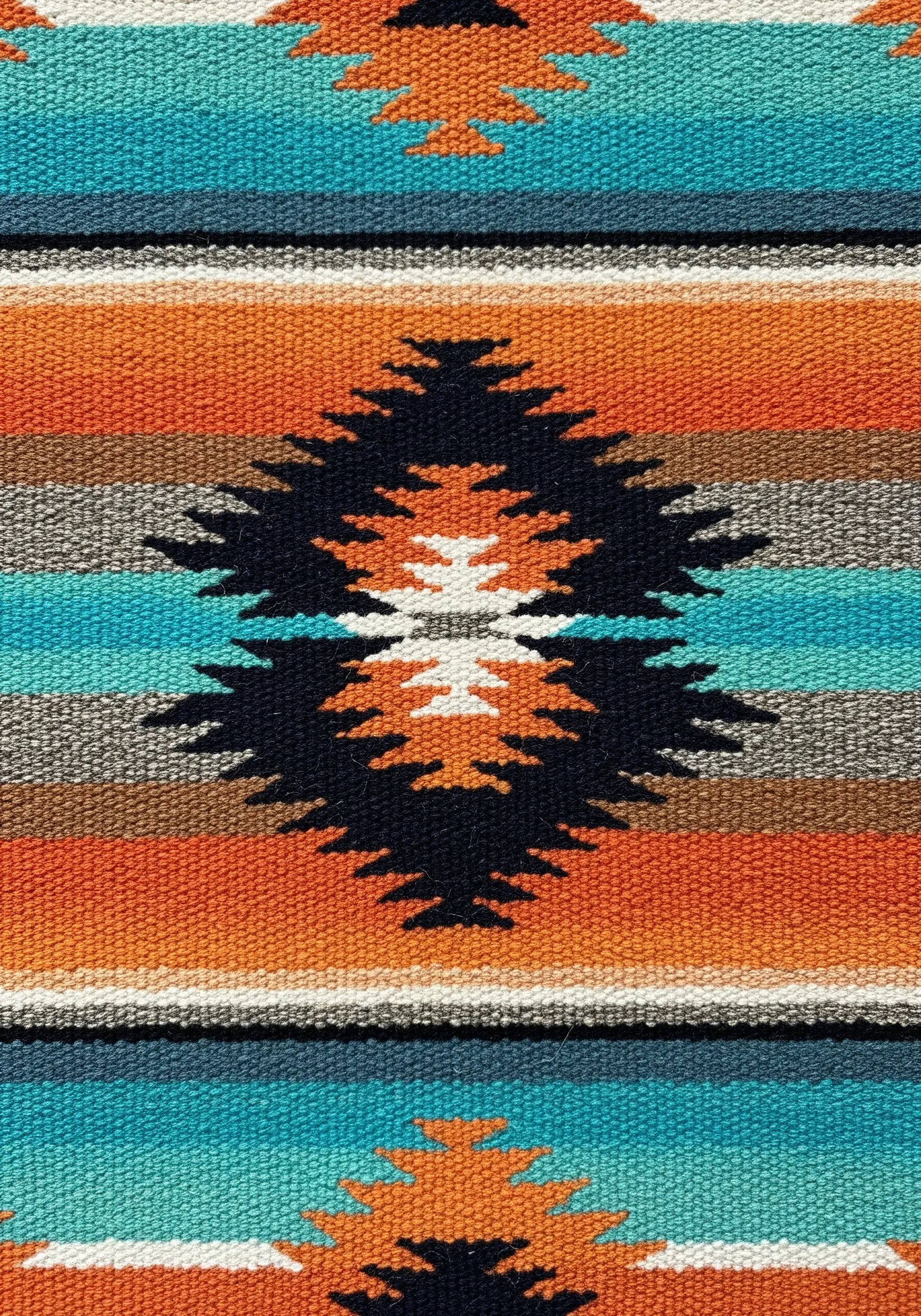 Close-up of a tightly woven textile with a geometric, Southwestern-inspired pattern in orange and teal.