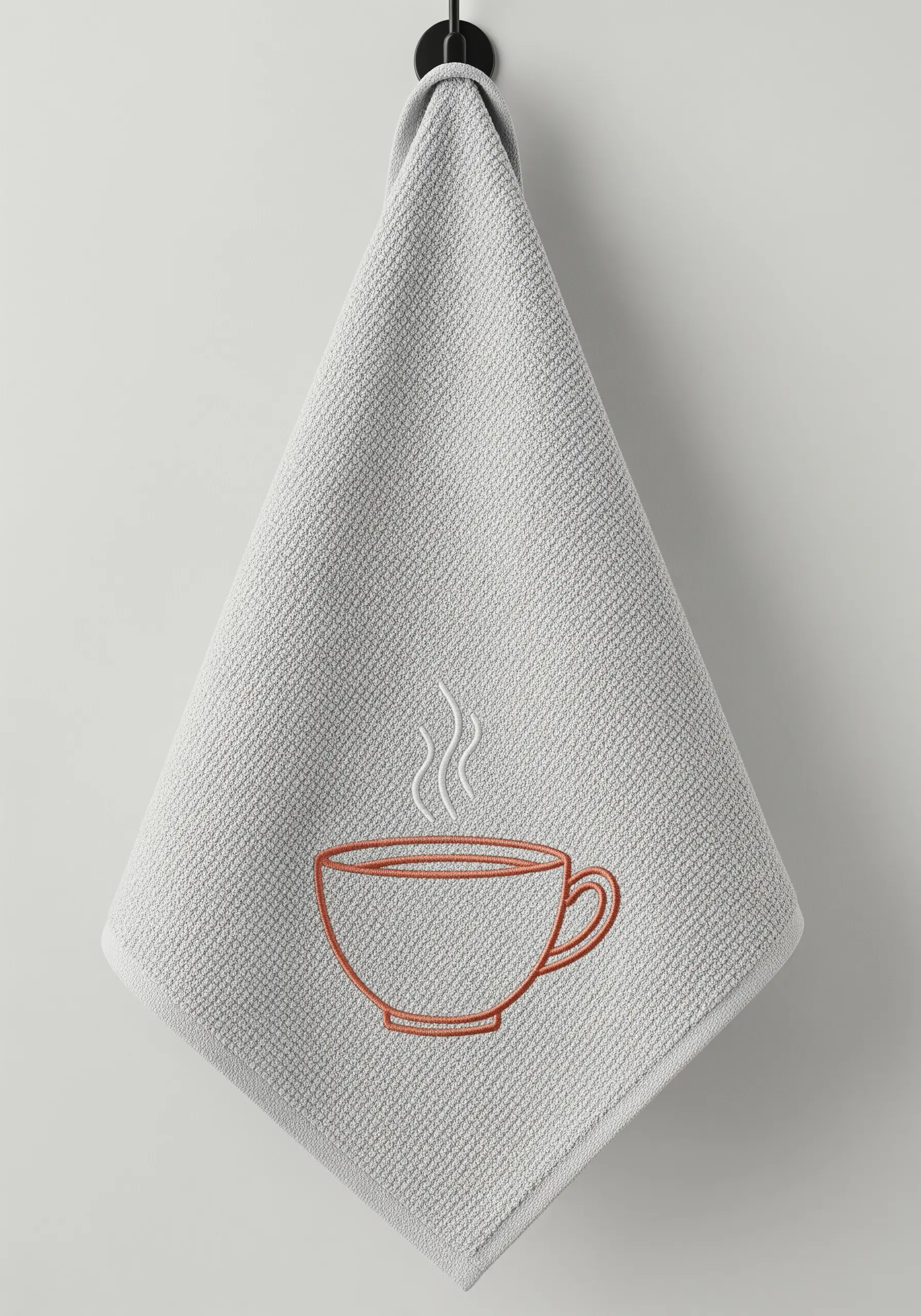 A line-art coffee cup embroidered in orange on a gray waffle-weave kitchen towel.