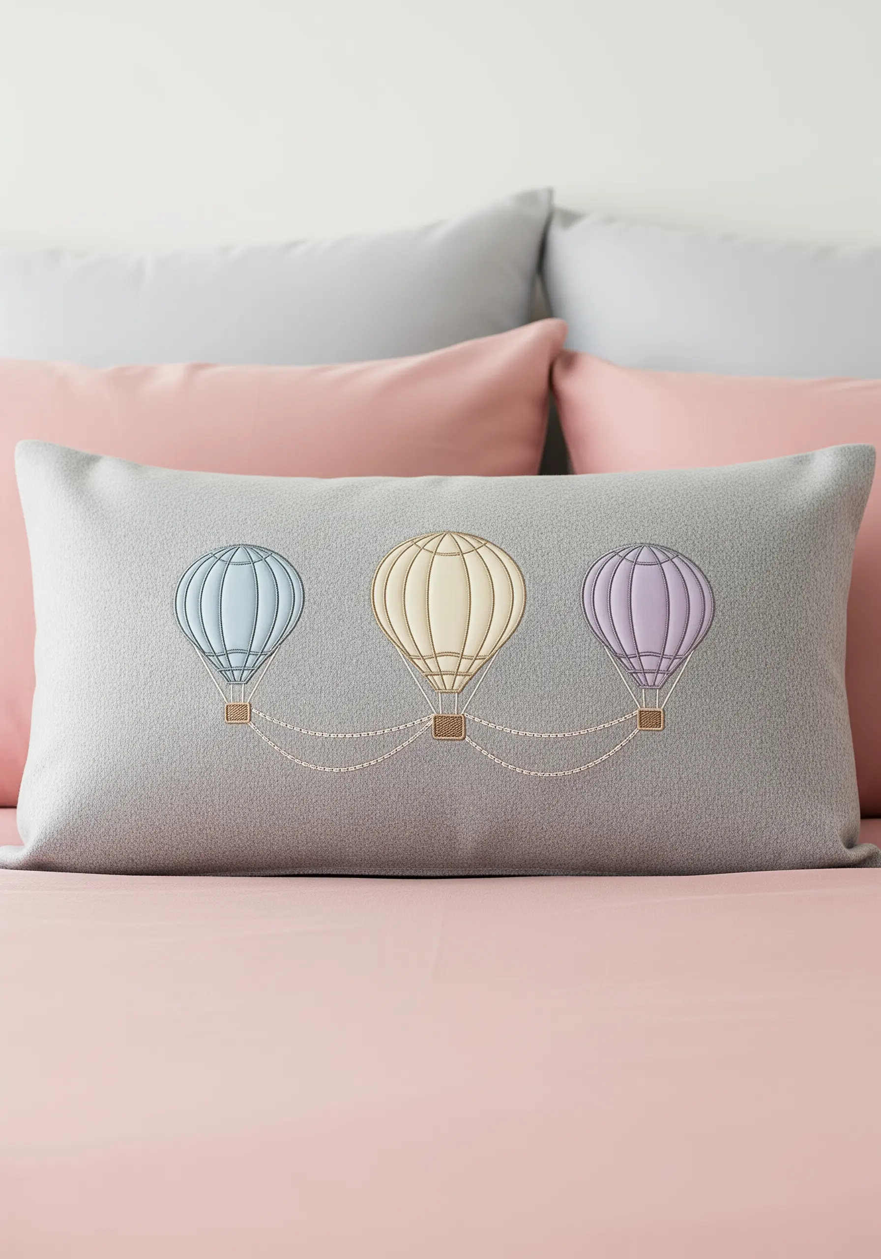 Three pastel hot air balloons embroidered on a grey lumbar pillow.