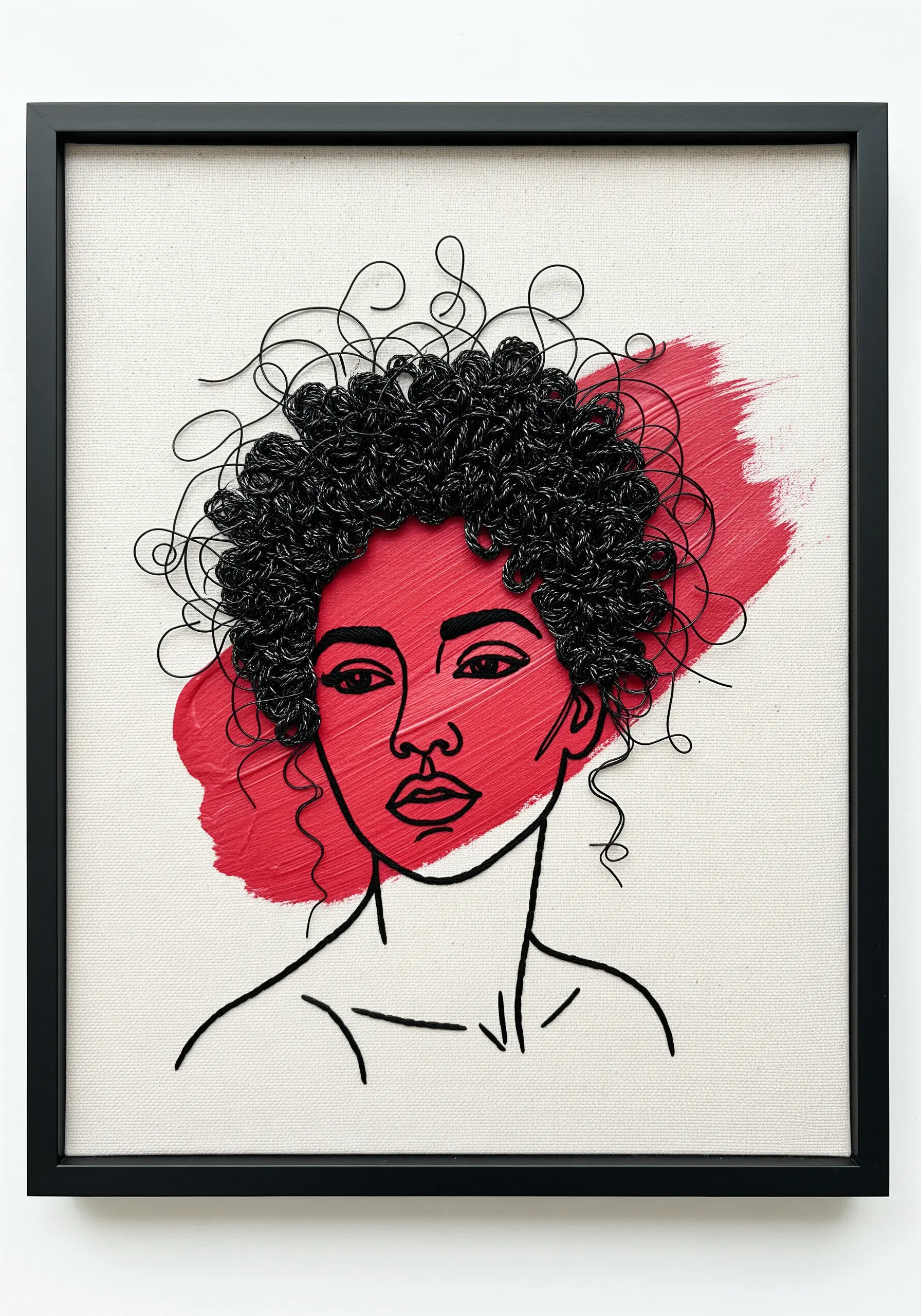 Line art portrait on canvas with a red paint swipe and textural black wire for curly hair.
