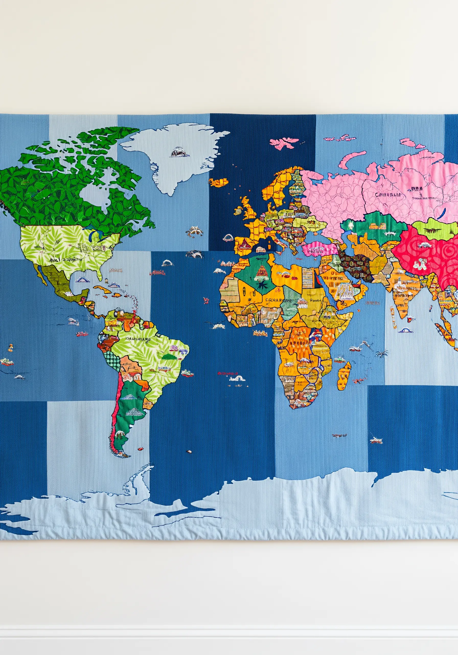 A large fabric appliqué world map where each country or region is a different patterned fabric.