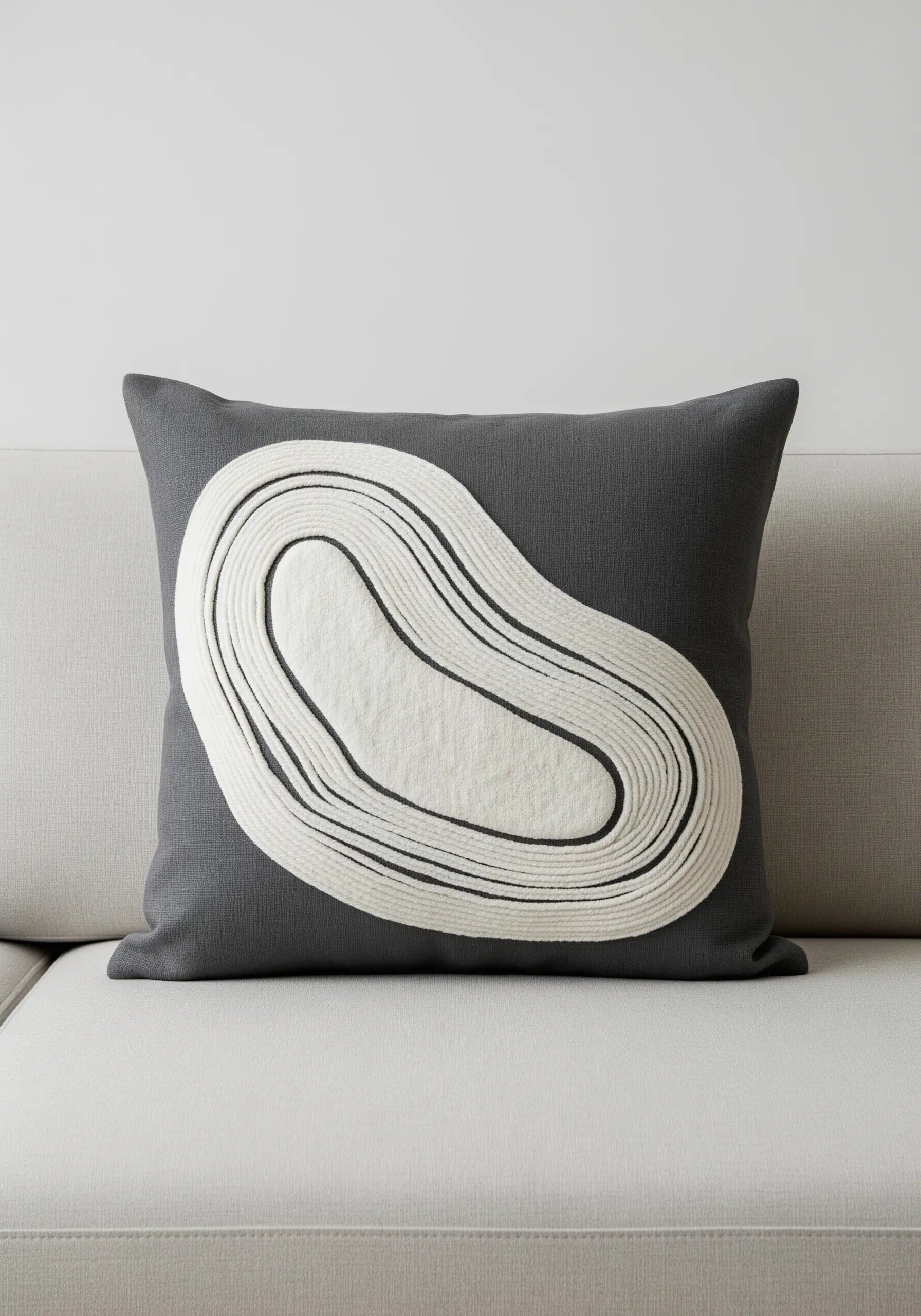 A thick white cord is couched onto a dark grey pillow, forming a bold, abstract shape.