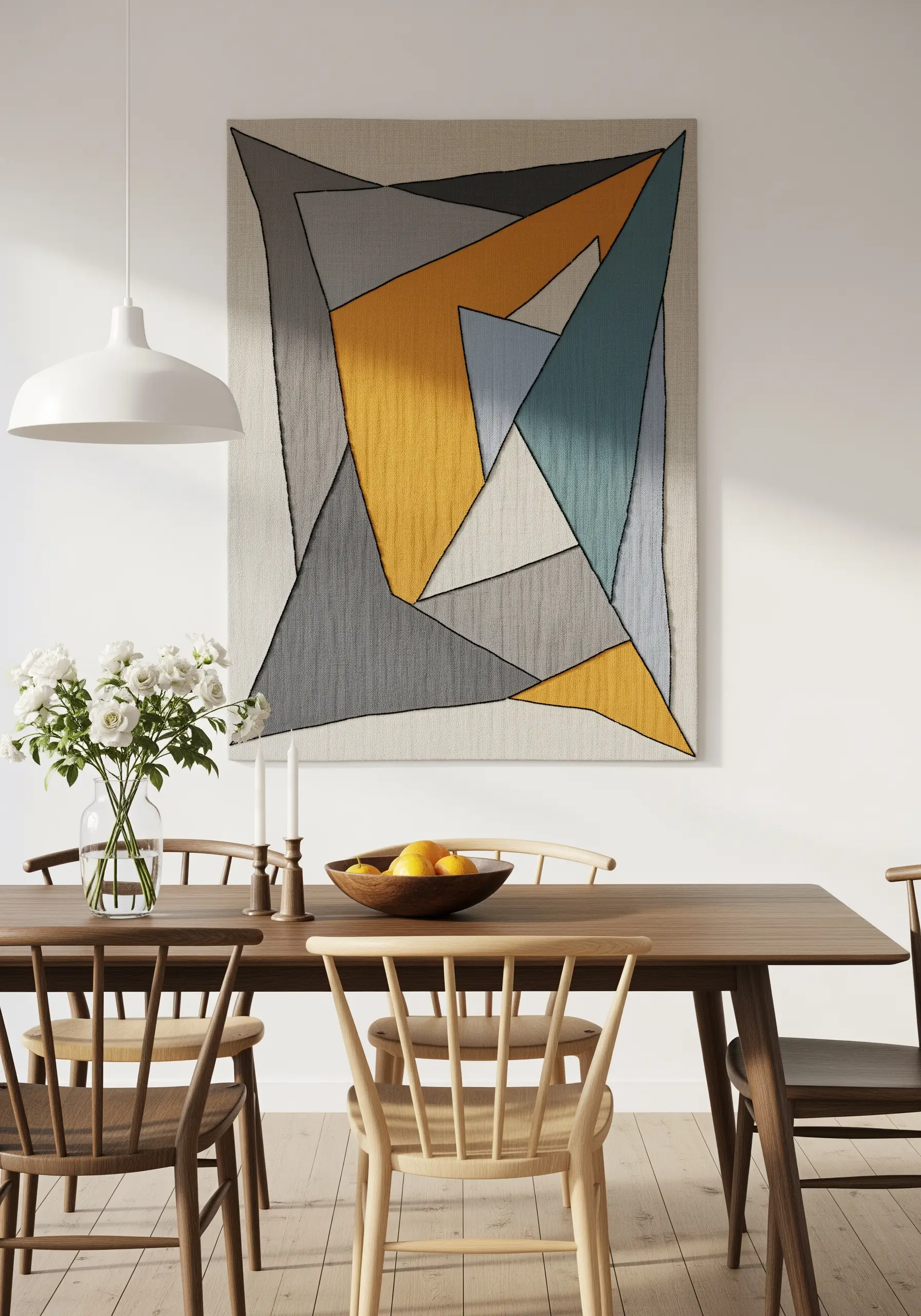 A geometric fabric collage in a dining room, with shapes outlined in visible black thread.