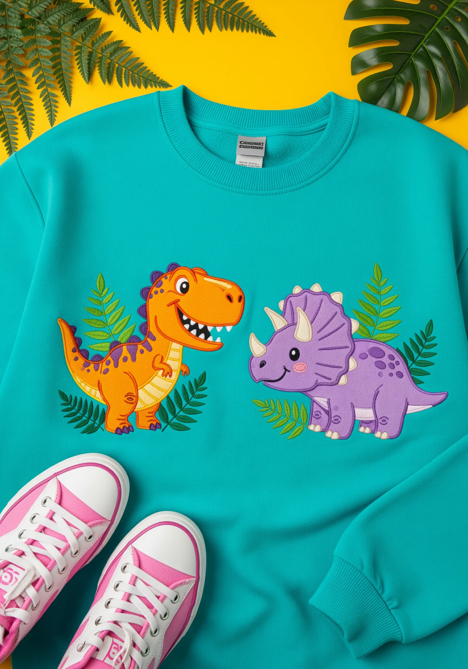 A friendly orange T-rex and purple triceratops embroidered on a turquoise sweatshirt