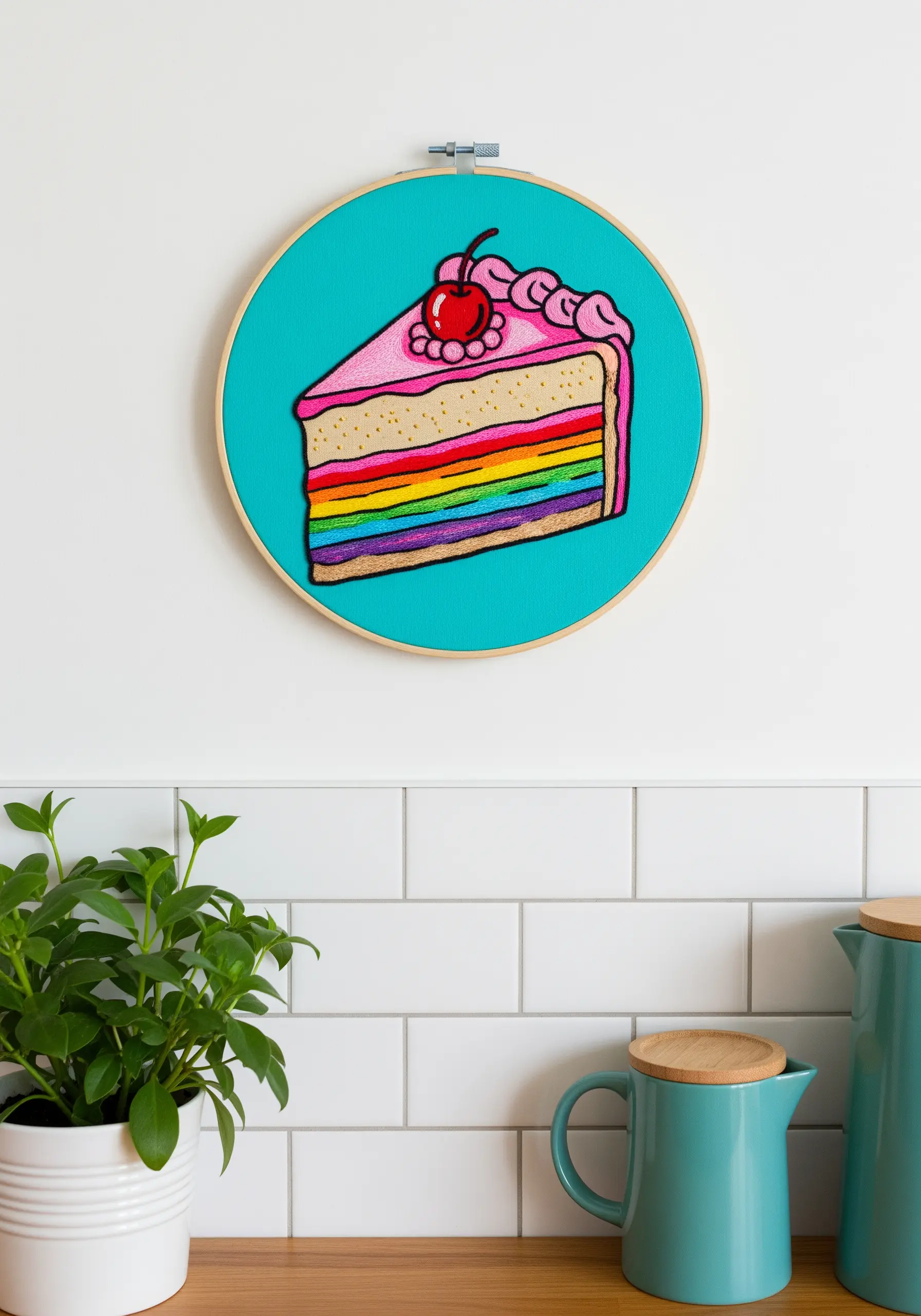 A slice of rainbow layer cake with thick black outlines, stitched on bright turquoise fabric.