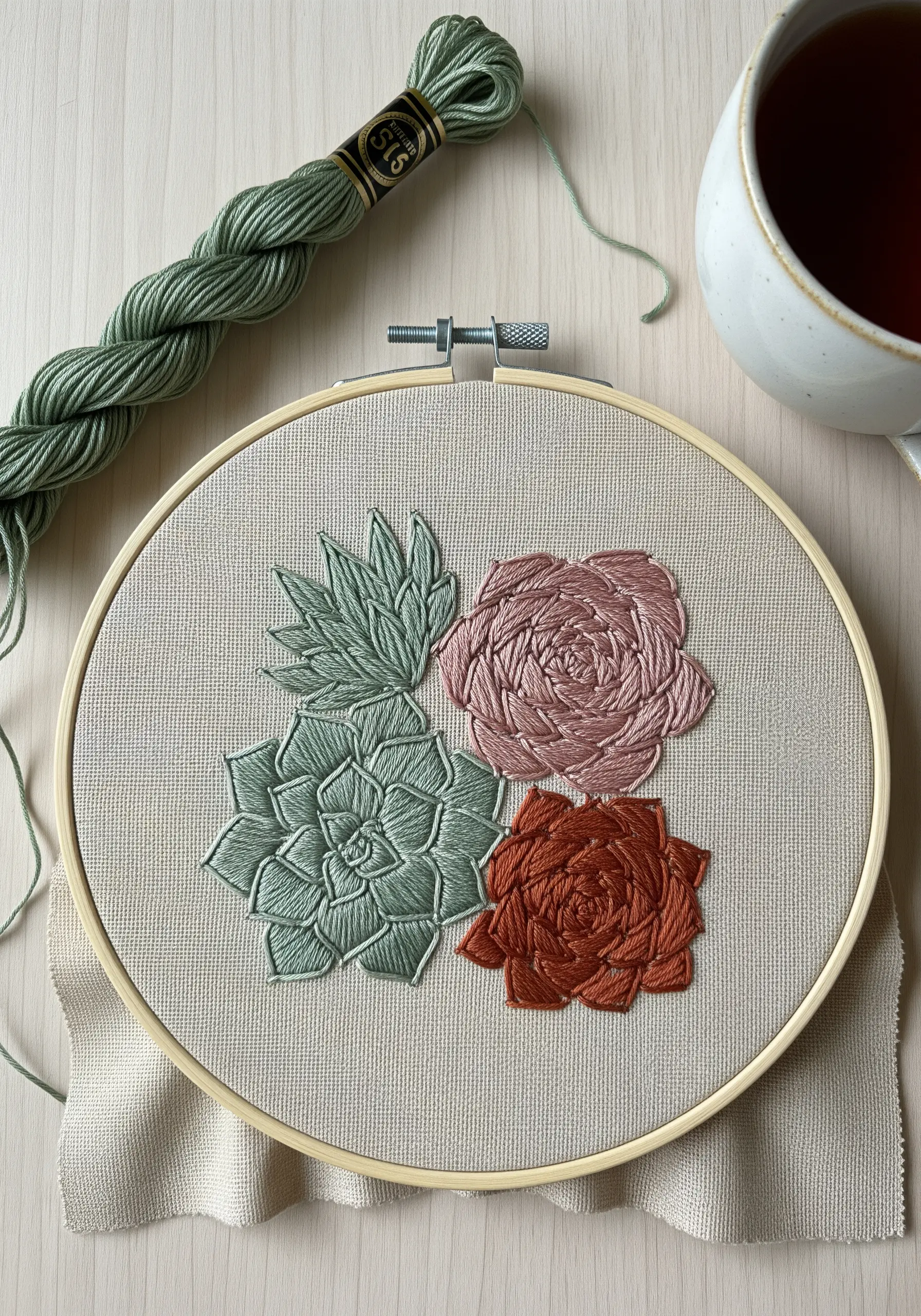 A trio of succulents outlined in dusty rose, sage green, and rust-colored thread.