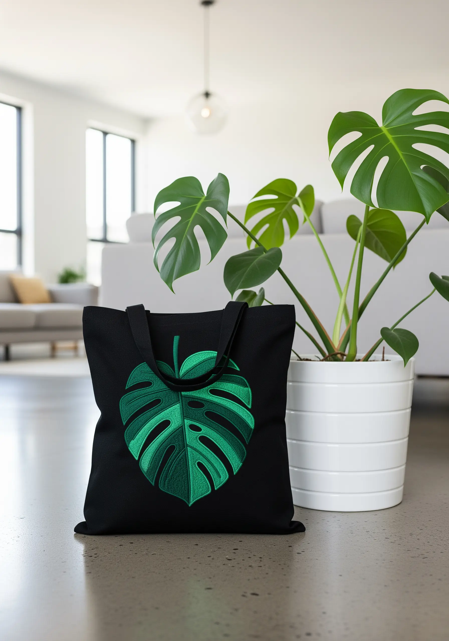 Bold, color-blocked embroidered Monstera leaf on a black tote bag