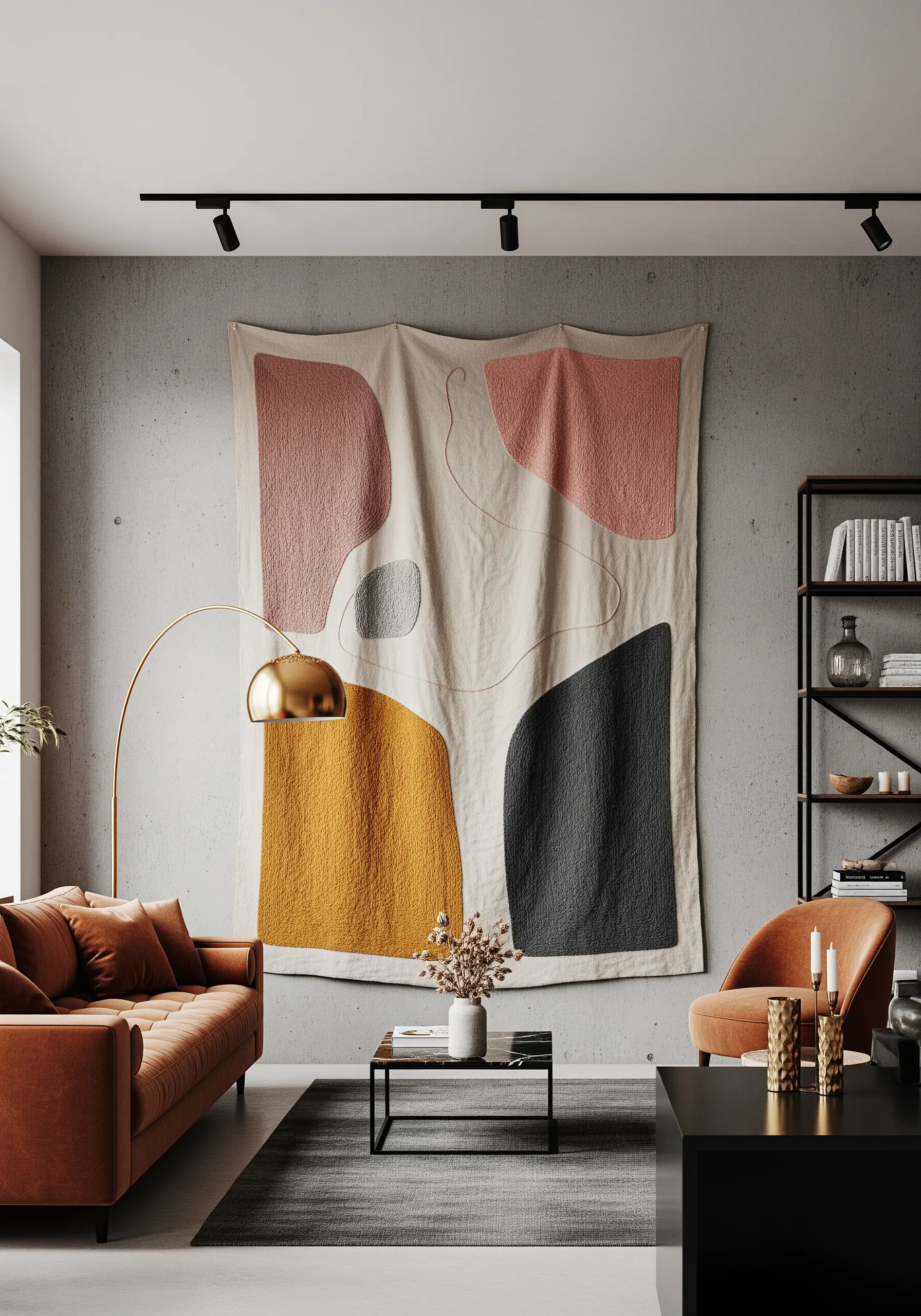 A large, abstract tapestry with quilted organic shapes in pink, grey, and ochre on linen.