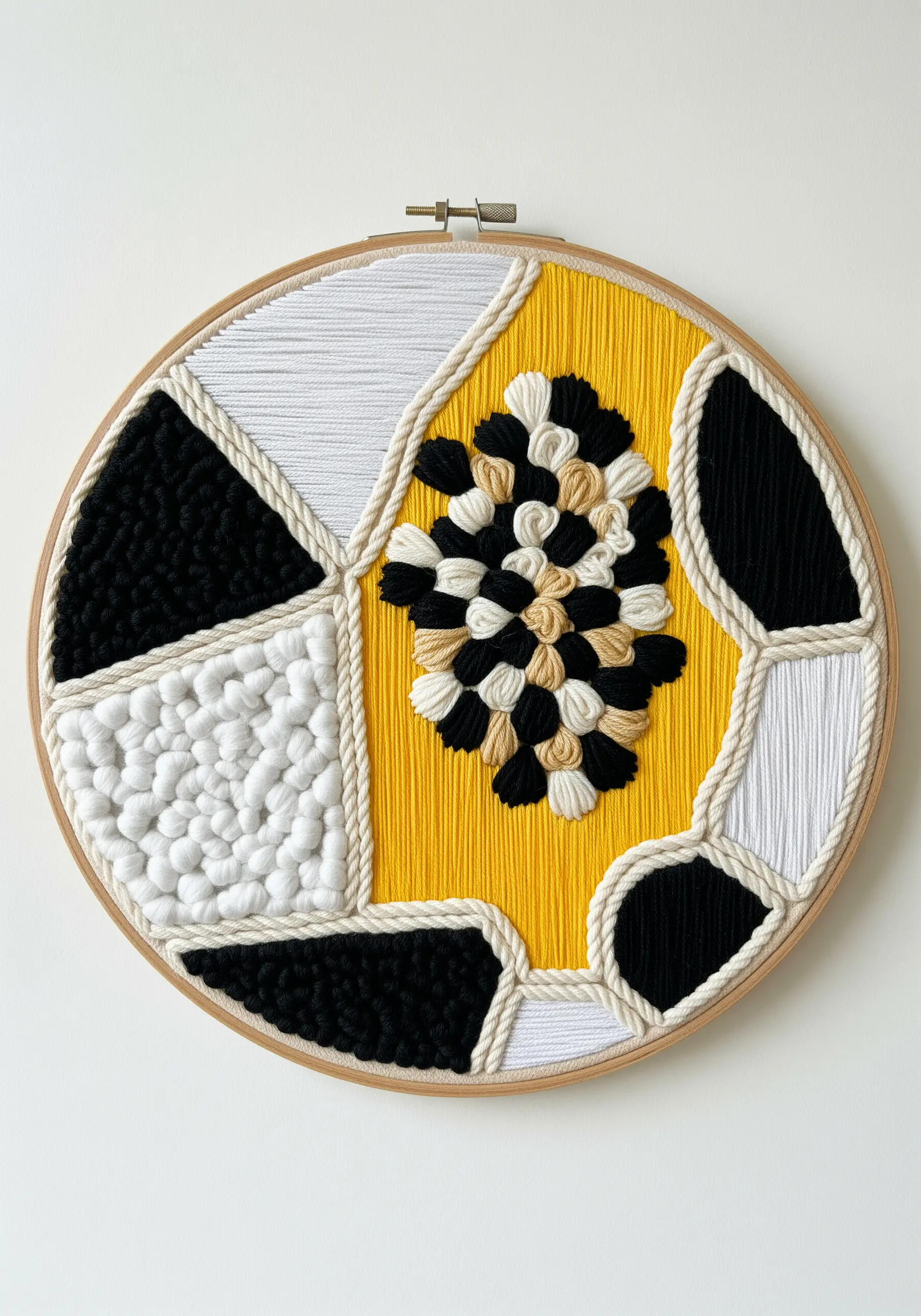 Geometric hoop art with sections of yarn textures in black, white, and yellow.