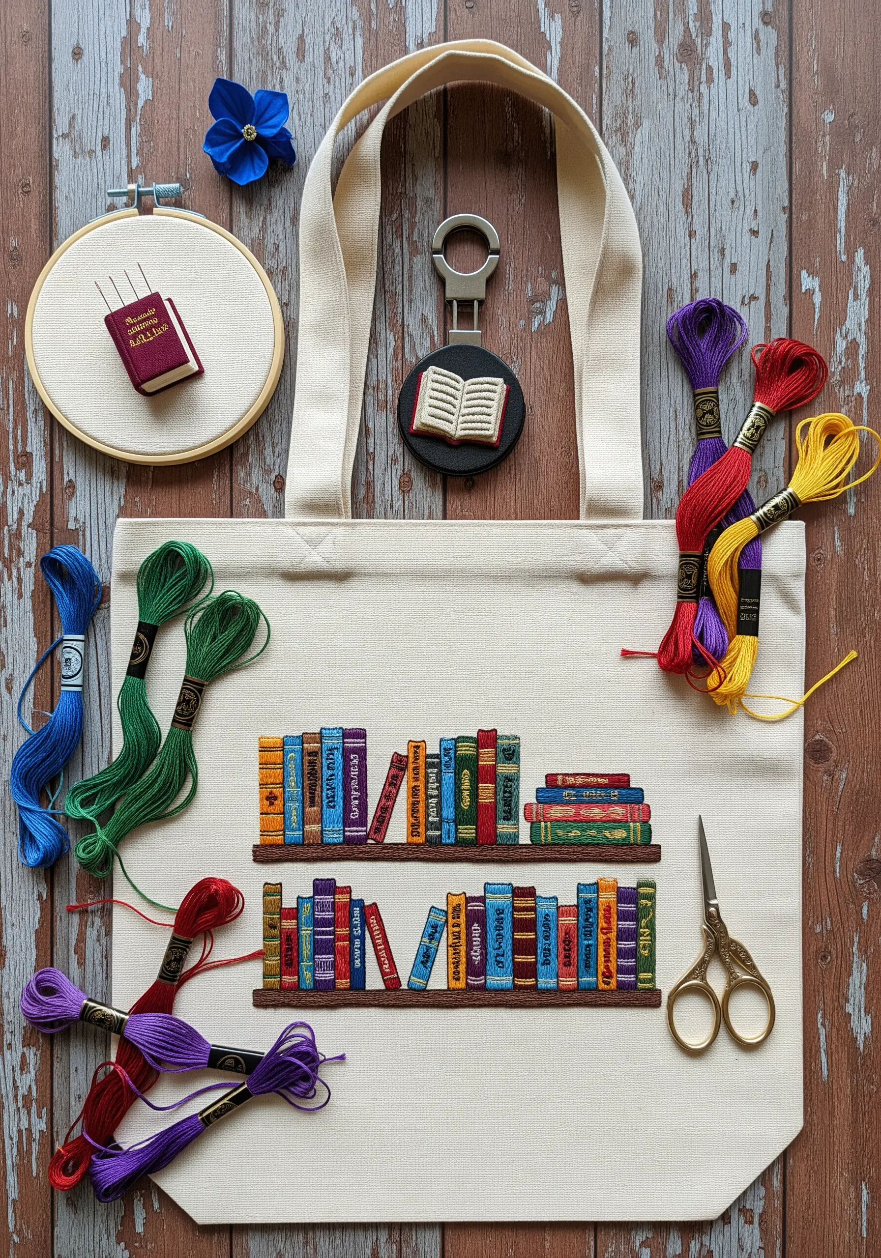 A canvas tote bag embroidered with two colorful bookshelves, showing detailed book spines.