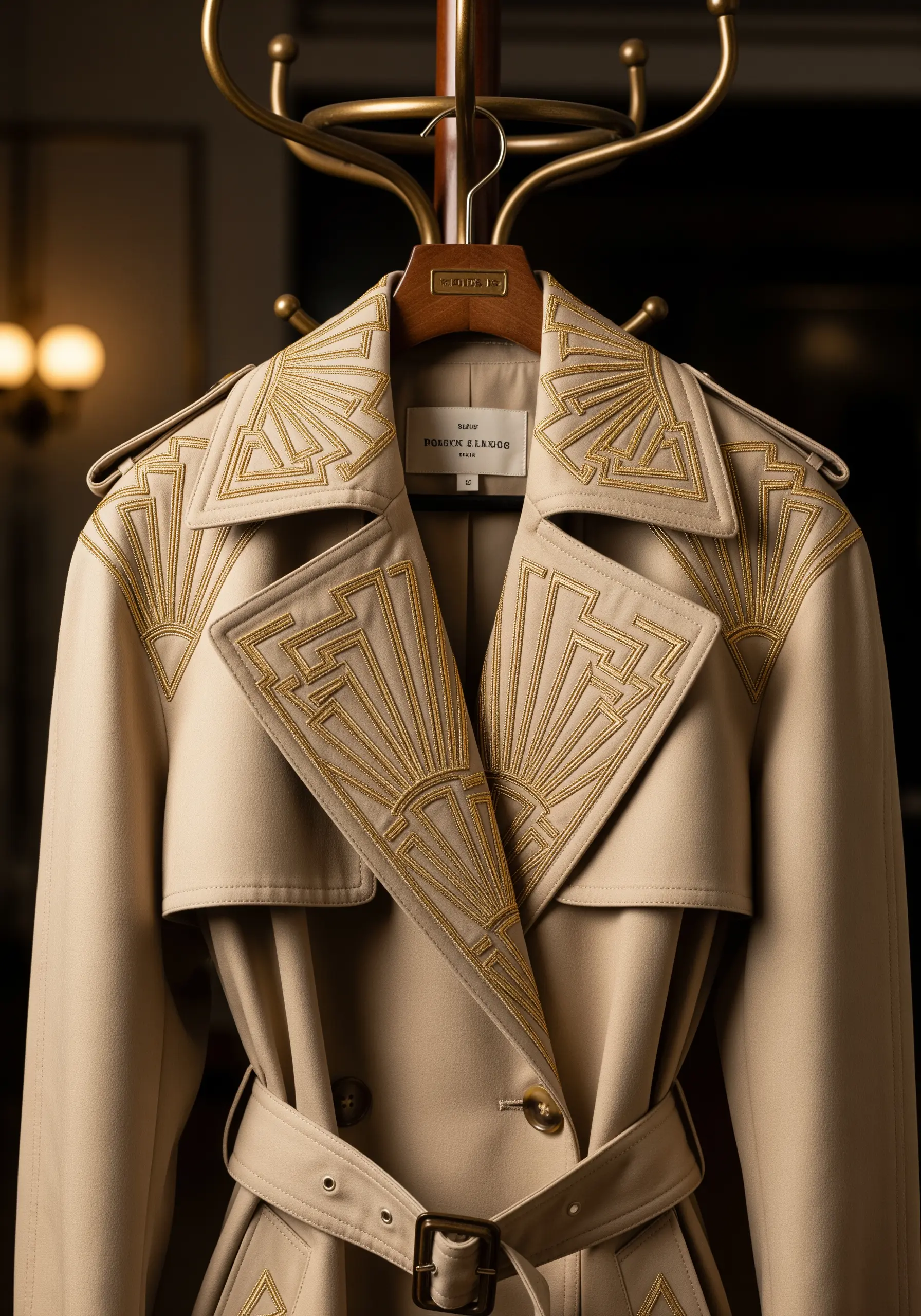 Gold Art Deco sunburst patterns embroidered on the lapels and shoulders of a beige trench coat.