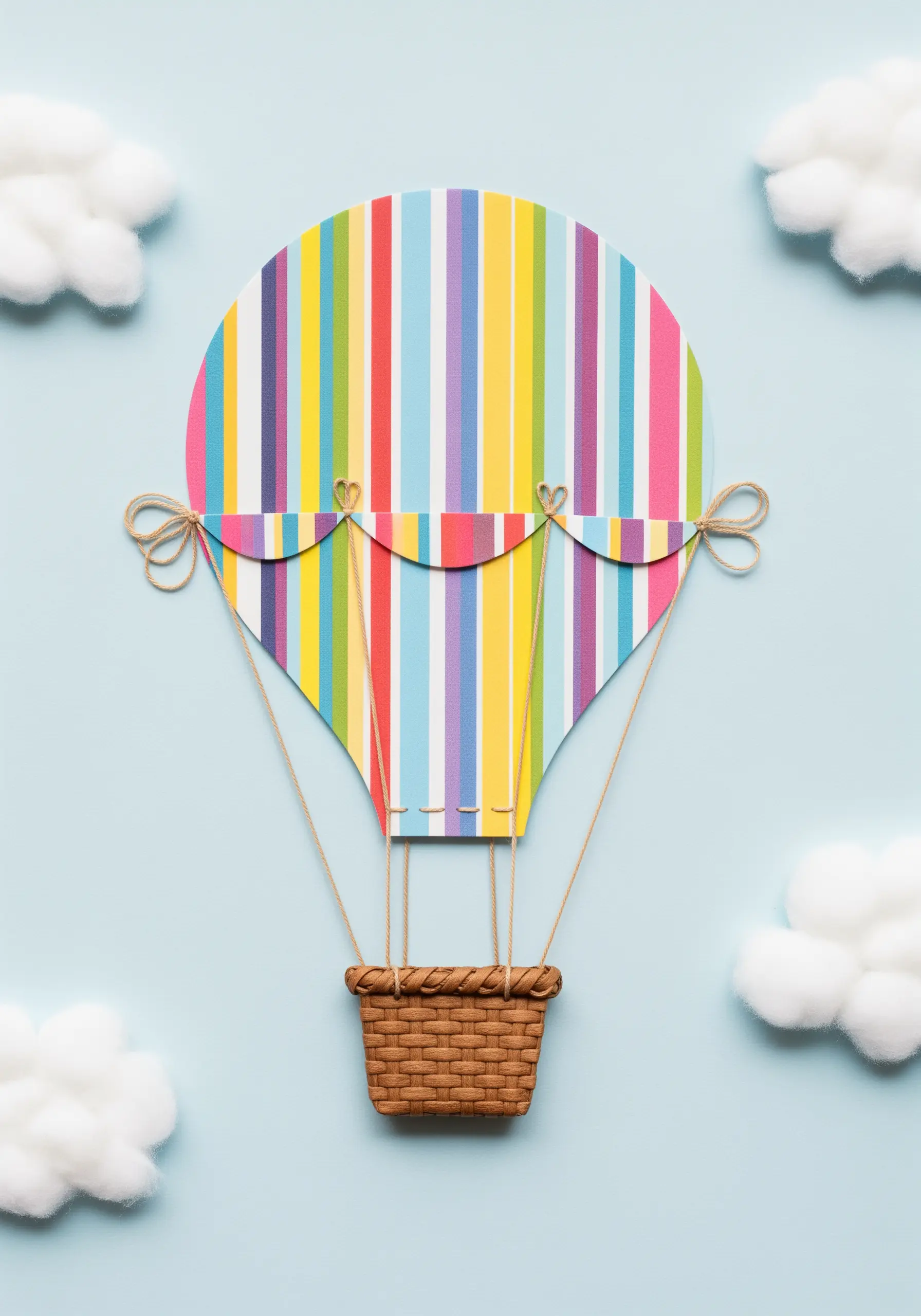 A colorful striped paper hot air balloon with a woven basket and twine ropes tied with bows.