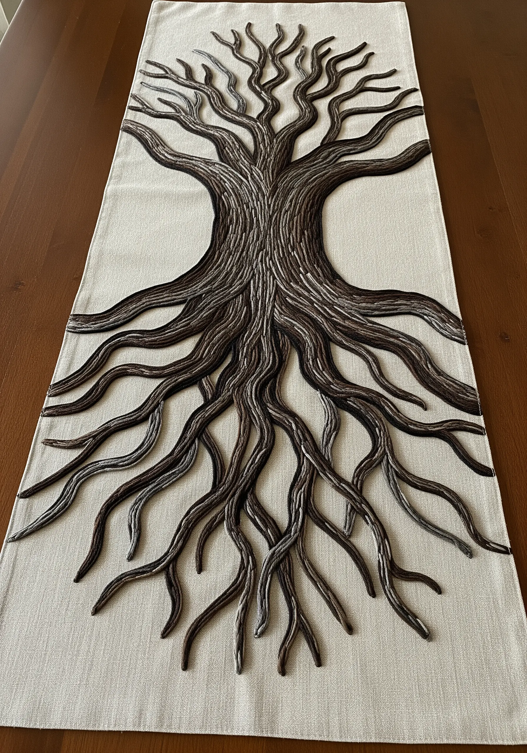 A table runner embroidered with a large, gnarled tree with textured bark and roots.
