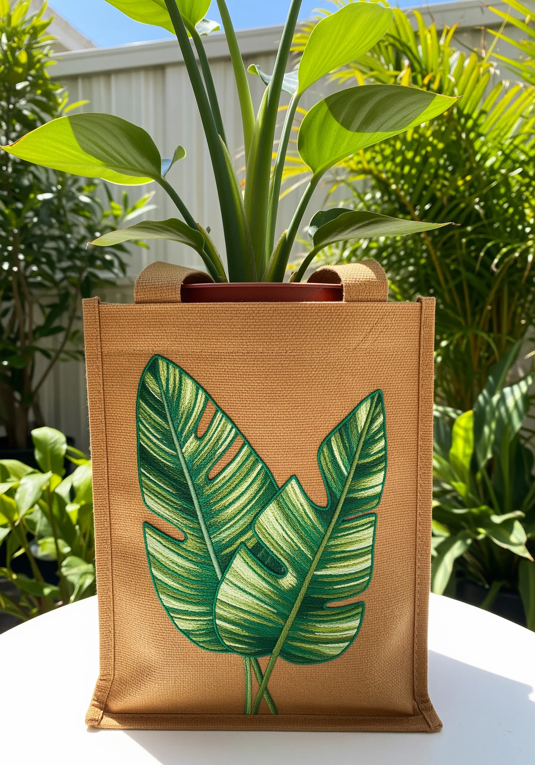 Two large, striped tropical leaves embroidered with sharp outlines on a jute gift bag.
