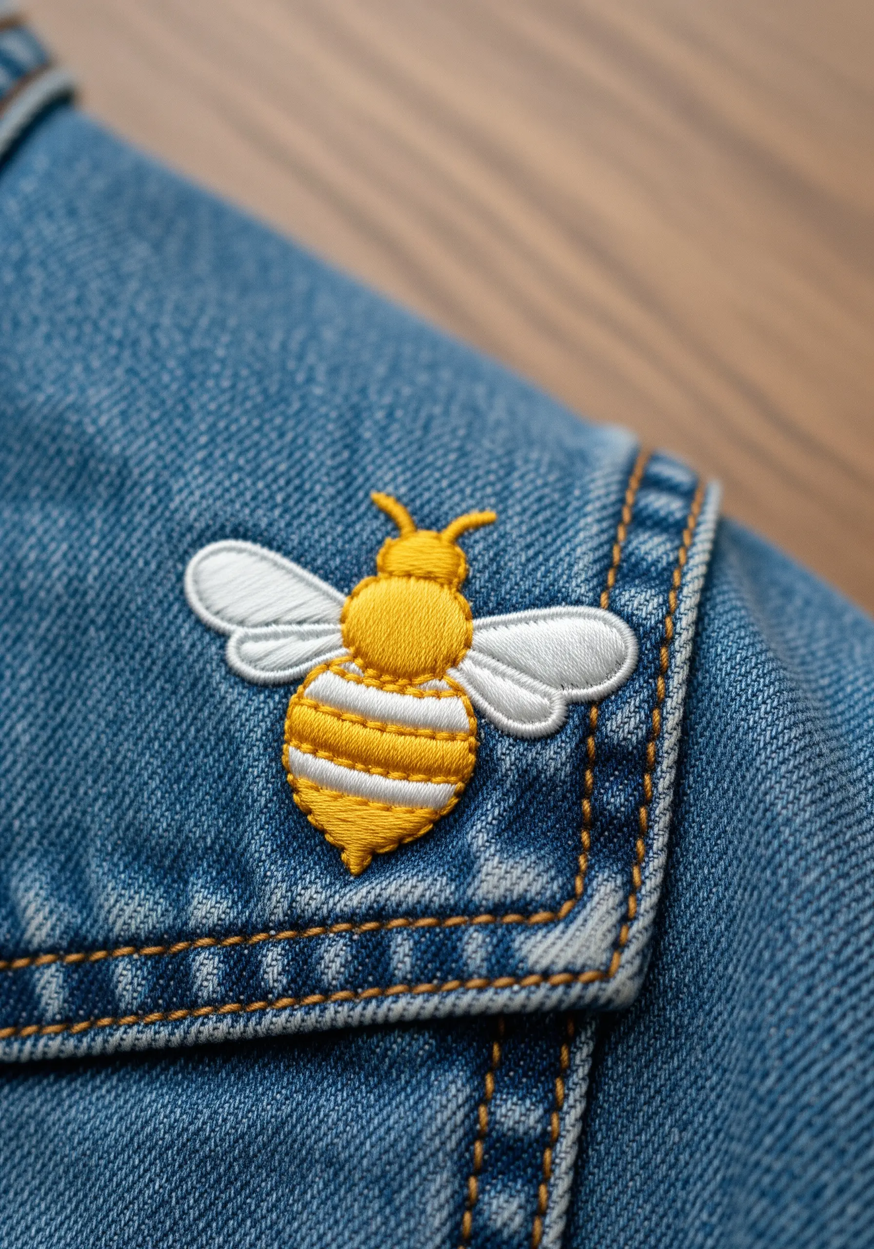 A small embroidered bee with a clean black outline on a denim jacket pocket.