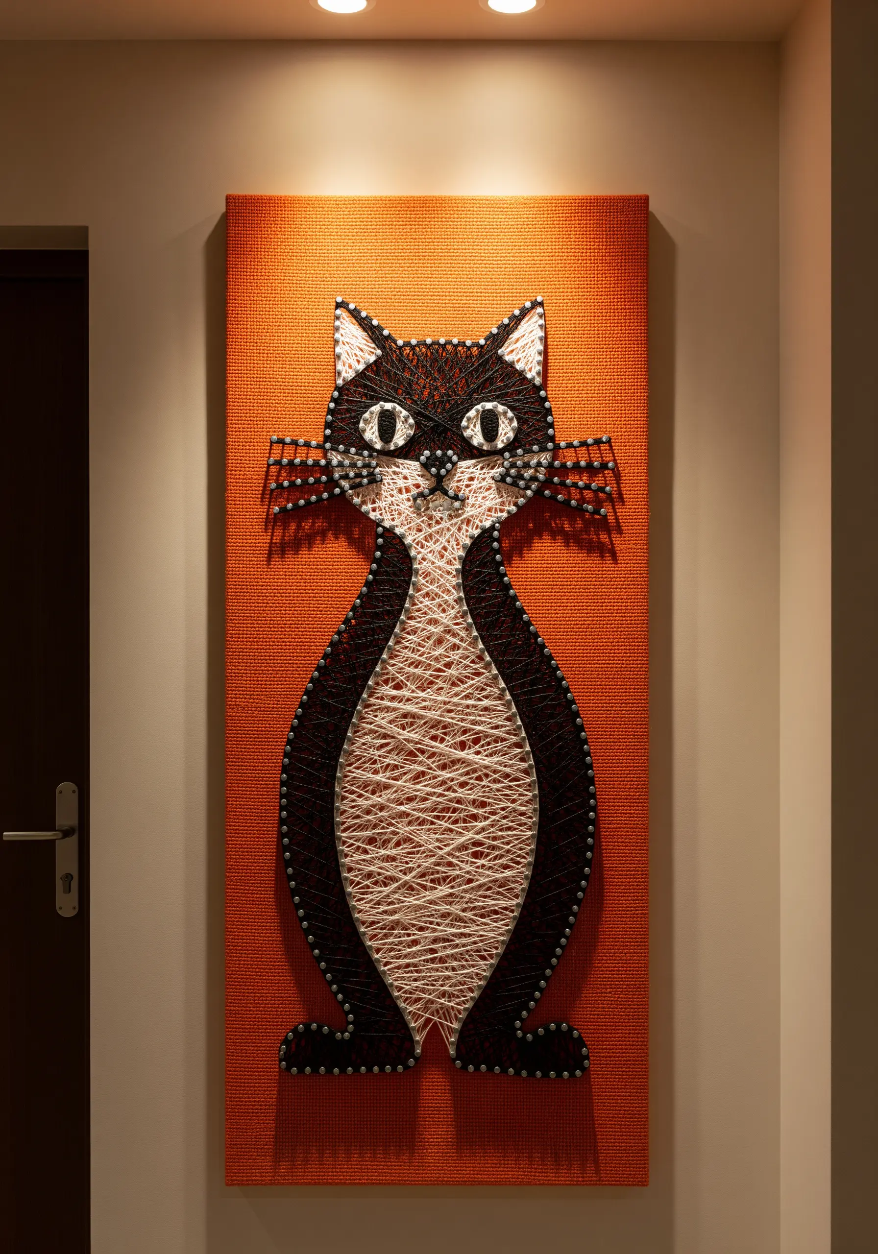 Retro string art of a black and white cat on a textured orange background